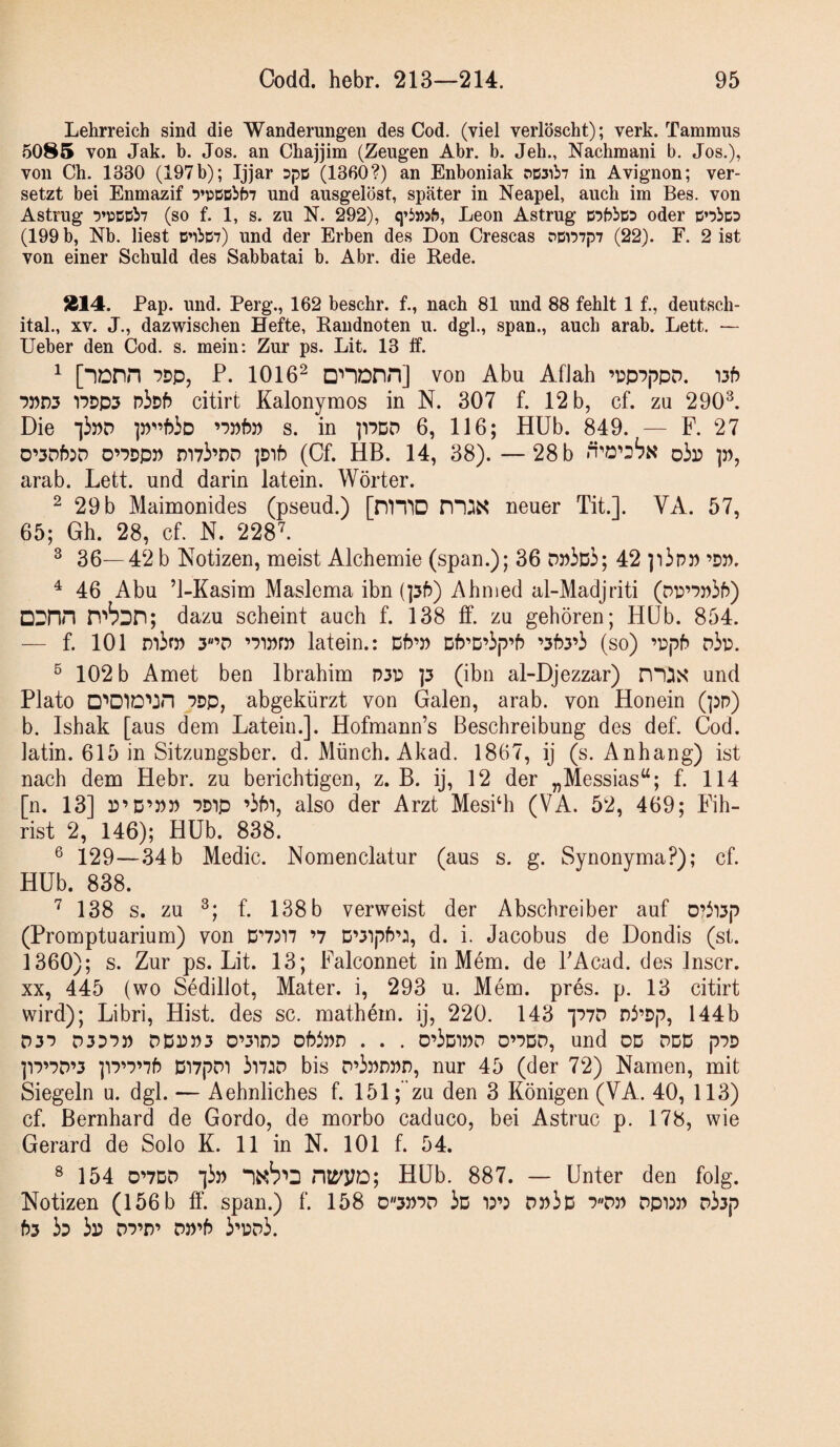 Lehrreich sind die Wanderungen des Cod. (viel verlöscht); verk. Tammus 5085 von Jak. b. Jos. an Chajjim (Zeugen Abr. b. Jeh., Nachmani b. Jos.), von Ch. 1330 (197b); Ijjar Dpt5 (1360?) an Enboniak OW1I17 in Avignon; ver¬ setzt bei Enmazif und ausgelöst, später in Neapel, auch im Bes. von Astrug !)’PDDi7 (so f. 1, s. zu N. 292), Leon Astrug oder cnbcs (199 b, Nb. liest D»ii>D7) und der Erben des Don Crescas rDn7p7 (22). E. 2 ist von einer Schuld des Sabbatai b. Abr. die Rede. Ä14. Pap. und. Perg., 162 beschr. f., nach 81 und 88 fehlt 1 f., deutsch- ital., XV. J., dazwischen Hefte, Randnoten u. dgl., span., auch arab. Lett. — lieber den Cod. s. mein: Zur ps. Lit. 13 ff. ^ [IDnn *550, P. 1016^ D''1Dnn] von Abu AfJah ’iJp’JppD. 135 ww T?Dp3 piD5 citirt Kalonymos in N. 307 f. 12 b, cf. zu 290^. Die s. in pPDD 6, 116; Hüb. 849. — F. 27 0’3d5:d o’PDp)) m7i’DP ]Di5 (Cf. HB. 14, 38). — 28 b o3i5 p, arab. Lett. und darin latein. Wörter. 2 29 b Maimonides (pseud.) [nniD neuer Tit.]. VA. 57, 65; Gh. 28, cf. N. 228^. ^ 36—42 b Notizen, meist Alchemie (span.); 36 DPißi; 42 ]i3p)) ’DP. ^ 46 Abu ’l-Kasim Maslema ibn (p5) Ahmed al-Madjriti (Dp’ppiP) DDPin dazu scheint auch f. 138 ff. zu gehören; HÜb. 854. — f. 101 mirp 3’P ’Piprp latein.: Db’P D5’D’3p’5 ’353’i (so) ’Ppfr pip. ^ 102 b Amet ben Ibrahim P3P p (ibn al-Djezzar) ni3S und Plato □’'D10'*3n PDP, abgekürzt von Galen, arab. von Honein (pp) b. Ishak [aus dem Latein.]. Hofmann’s Beschreibung des def. Cod. latin. 615 in Sitzungsber. d. Münch. Akad. 1867, ij (s. Anhang) ist nach dem Hebr. zu berichtigen, z. B. ij, 12 der „Messias“; f. 114 [n. 13] 35’D’P» PDip ’35i, also der Arzt Meskh (VA. 52, 469; Fih- rist 2, 146); Hüb. 838. ® 129—34b Medic. Nomenclatur (aus s. g. Synonyma?); cf. Hüb. 838. ^ 138 s. zu f. 138 b verweist der Abschreiber auf o?Ji3p (Promptuarium) von ’7 D’3ip5’:, d. i. Jacobus de Dondis (st. 1360); s. Zur ps. Lit. 13; Falconnet in Mem. de FAcad. des Inscr. XX, 445 (wo Sedillot, Mater, i, 293 u. Mem. pres. p. 13 citirt wird); Libri, Hist, des sc. mathem. ij, 220. 143 p7D ni’Dp, 144b D3'5 D357J) DDDP3 0’3inD . . . D’iDIPD D’7DD, und OD PDD p7D ]17’7D’3 ]17’7’‘75 Di7pDi 3i7:p bis D’iPDPn, nur 45 (der 72) Namen, mit Siegeln u. dgl. — Aehnliches f. 151; zu den 3 Königen (VA. 40, 113) cf. Bernhard de Gordo, de morbo caduco, bei Astruc p. 178, wie Gerard de Solo K. 11 in N. 101 f. 54. ® 154 0’7DD i3p nrt'yo; Hüb. 887. — ünter den folg. Notizen (156 b ff. span.) f. 158 o3P7D 3d m DPip 7Dp Dpi3P ohp 53 ho PP’D’ dp’5 i’DD3.