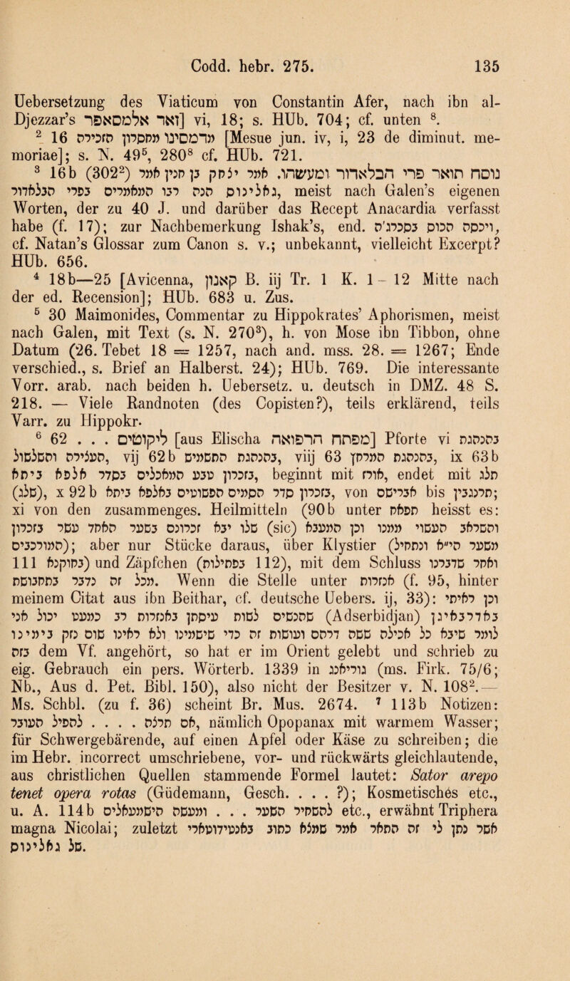 üebersetzung des Viaticum von Constantin Afer, nach ibn al- Djezzar’s vi, 18; s. Hüb. 704; cf. unten 16 DTDfD ppn» [Mesue jun. iv, i, 23 de diminut. me- moriae]; s. N. 49^, 280® cf. Hüb. 721. ® 16b (302^) -jnfjppp pp3’ .wyoi nD noii iMbho ’PW O’ppbpp 13*? PJD meist nach Galen’s eigenen Worten, der zu 40 J. und darüber das Recept Anacardia verfasst habe (f. 17); zur Nachbemerkung Ishak’s, end. d':p3P3 piDD DpD’i, cf. Natan’s Glossar zum Canon s. v.; unbekannt, vielleicht Excerpt? Hüb. 656. ^ 18b—25 [Avicenna, pjNp B. iij Tr. 1 K. 1- 12 Mitte nach der ed. Recension]; Hüb. 683 u. Zus. ^ 30 Maimonides, Commentar zu Hippokrates’ Aphorismen, meist nach Galen, mit Text (s. N. 270®), h. von Mose ibn Tibbon, ohne Datum (26. Tebet 18 = 1257, nach and. mss. 28. = 1267; Ende verschied., s. Brief an Haiberst. 24); Hüb. 769. Die interessante Vorr. arab. nach beiden h. üebersetz. u. deutsch in DMZ. 48 S. 218. — Viele Randnoten (des Copisten?), teils erklärend, teils Varr. zu tlippokr. ® 62 . . . [aus Elischa nPDD] Pforte vi r)JD:D3 iiD3DDi DrirD, vij 62 b D’wddd n:iP5D3, viij 63 |pp»d r:iP:D3, ix 63 b f)r>’3 P7P3 O’iDbwp r3i: p7Dr3, beginnt mit mb, endet mit (:3Ij), x92b bD’3 f?Dib3 0WPD O’npP 77p p7Df3, von OD’73b bis p3:D7D; xi von den zusammenges. Heilmitteln (90b unter pbDD heisst es: ]17Dr3 PDr 7PbD 72503 D5173r b3’ lio (sic) b335PD p1 15P» ’5D25c7 3b7Dc71 D’377i»d); aber nur Stücke daraus, über Klystier (i’PD5i f5’D 72505) 111 b5|7ip3) und Zäpfchen (m3’DD3 112), mit dem Schluss 157370 7pf)i rDi3pn3 7375 Dr 375). Wenn die Stelle unter m7r5f5 (f. 95, hinter meinem Citat aus ibn Beithar, cf. deutsche üebers. ij, 33): ’r)’f57 pi ’5f5 3i5’ 25255)7 37 D17r5b3 ]r)p’25 15203 0’D5DD (Adserbidjan) ]5’f5377f53 2 5’5)’3 j7r5 020 25’f)7 b32 25’5)0’0 ’77 Or D202252 OD77 DOD D3’7f) 37 f53’0 75)23 pr3 dem Vf. angehört, so hat er im Orient gelebt und schrieb zu eig. Gebrauch ein pers. Wörterb. 1339 in 55f)’725 (ms. Firk. 75/6; Nb., Aus d. Pet. Bibi. 150), also nicht der Besitzer v. N. 108^.— Ms. Schbl. (zu f. 36) scheint Br. Mus. 2674. ^ 113b Notizen: 73225D 3’Dd3 .... 03715 Ob, nämlich Opopanax mit warmem Wasser; für Schwergebärende, auf einen Apfel oder Käse zu schreiben; die im Hebr. incorrect umschriebene, vor- und rückwärts gleichlautende, aus christlichen Quellen stammende Formel lautet: Sator arepo tenet opera rotas (Güdemann, Gesch. . . . ?); Kosmetisches etc., u. A. 114 b O’3b255)0’D 00255)2 . . . 72500 7’poo3 etc., erwähnt Triphera magna Nicolai; zuletzt ’7bP27’255b3 3207 b3))0 75)b 7boo Of ’3 p5 70b P25’3b: 3d.