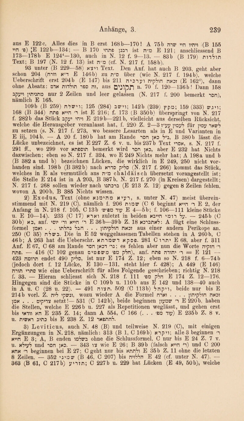 aus E 122 c, Alles dies in B erst 168 b—170! A 75 b n^ti» vnn (B 155 «n 'B) ;E 122b—134; — B 170 ^nne ist r\t2 E 121; anschliessend B 173—178 b E 124^—130, auch in N. 12 f. 9—13. — 83 b (B 179) Text; B 197 (N. 12 f. 13) ist n-o (cf. N. 217 f. 158b). 93 unter (B 229—58) Text. Den Anf. hat auch B 203, geht aber schon 204 (nnn n'n E 146b) zu r\ü über (wie N. 217 f. 194b), welche Ueberschrift erst 204b (E 147) bis 211 n'pSin nxBt (E 162^), dann ohne Absatz; dik nnSin “isd ni, aus D^ilpn n. 70 f. 120-136 b! Dann 158 Bpyn pn'jnD nur 2 Zeilen und leer geladen (N. 217 f. 200 bemerkt non), nämlich E 165. 109b (B 259) 125 (284) 142b (239) fpa; 159 (333) 168 (B 344) nriB «n '*i ist E 216; f. 173 (B 350b) überspringt yon N. 217 f. 282 b das Stück npy' 'nn E 219 b—221b, vielleicht aus derselben Rücksicht, welche die Herausgeber veranlasst hat, f. 220 Z. 2—3 payS für poy zu setzen (s. N. 217 f. 273, wo bessere Lesarten als in E und Varianten in E iij, 104b. — A 20 f. 180b hat am Rande “lOn S3, B 380b lässt die Lücke unbezeichnet, es ist E 227 Z. 6 v. u. bis 237 b Text noK, s. N. 217 f. 291 ff., wo 299 vor «neoin bemerkt wird non aber E 232 hat Nichts dazwischen; eben so N. 217 f. 324, wo E 249 Nichts mehr hat; A 198a und b (B 882 a und b) bezeichnen Lücken, die wirklich in E 249, 250 nicht vor¬ handen sind. 198 b (B 382b) nach Nmo p'^D (N. 217 f. 266) kommt das Stück, welches in E als vermutlich aus chaldäisch übersetzt vorangestellt ist; die Stelle E 214 ist in A 203, B 387b, N. 217 f. 270 (in Kreisen) dargestellt; N. 217 f. 268 sollen wieder nach 'i:n3nB (E 213 Z. 12) gegen 8 Zeilen fehlen, wovon A 200 b, B 385 Nichts wissen. 2) Exodus, Text (ohne k'V“!? s. unter N. 47) meist überein¬ stimmend mit N. 219 (C), nämlich f. 206 mori> (0 6 beginnt ««n '1 E 2, der Anfang in N. 218 f. 105, C13b Tiy E 4—5b; f. 106—111 kleine Stücke u. E 10—14). 233 (C 17) zuletzt in beiden 'Dn Sp. — 245b (0 30 b) K2, anf. 'DV m xn 'n E 36 b—39b Z. 18 A fügt eine Schluss¬ formel ]DKi . . . inSni Snn . . . ]in'pSin nxst aus einer andern Perikope an. 250 (C 35) nSls^n. Die in E 52 weggelassenen Tabellen stehen in A 260 b, C 46b; A 263 hat dieUeberschr. Knnatrn xpos. 281 C nn» E 68, aber f. 311 Anf. E 67, C 68 am Rande *iDn ni; es fehlen aber nun die Worte n'pm n nne. — 416 (C 102 genau 'bo pSn), anf. nnB min' n = E 121 — 423 nonn endet 490 p'So, ist nur E 174 Z. 12; eben so N. 218 f. 6—74b (jedoch dort f. 12 Lücke, E 130 — 131, steht hier f. 428); A 449 (E 146) min 'inD wie eine Ueberschrift für alles Folgende geschrieben; richtig N. 218 f. 33. — Hieran schliesst sich N. 218 f. 111 'BQ pSn E 174 Z. 12—176. Hingegen sind die Stücke in C 109b u. 110b aus E 142 und 138—40 auch in A u. C (28 u. 22). — 491 mi^n. 502 (0 113 b) ^np'i, beide nur bis E 214 b vorl. Z. n'S 'ptJ'ii, wozu wieder A die Formel nnxi .... pn'pSin hxbt . . . D'p'li? setzt!—531 (C 142b), beide beginnen pyotr n E 220b, haben die Stellen, welche E 226 b u. 227 als Repetitionen weglässt, und gehen erst bis 'xmi xn E 235 Z. 14; dann A 554, C 166 (. . . 'BO mp) E 235b Z. 8 v. u. n't5>N*i B'nB bis E 238 Z. 12 nxBnn^. 3) Leviticus, auch N. 48 (B) und teilweise N. 219 (C), mit einigen Ergänzungen in N. 218, nämlich; 313 (B 1, C 169b) xip'i; alle 3 beginnen n «n E 3; A, B enden löSirn ohne die Schlussformel, C nur bis E 24 Z. 7 v. u. «‘j'pS und lon |X3. — 343 ix wie E 26; B 39b (falsch «n 'i) und C 200 xn« n beginnen bei E 27; C geht nur bis xnnSi E 35 b Z. 11 ohne die letzten 8 Zeilen. — 352 (B 46, C 207) bis n'i^Sn E 42 (cf. unter N. 47). — 363 (B 61, C 217b) p'iTn; C 227b u. 229 hat Lücken (E 49, 50b), welche