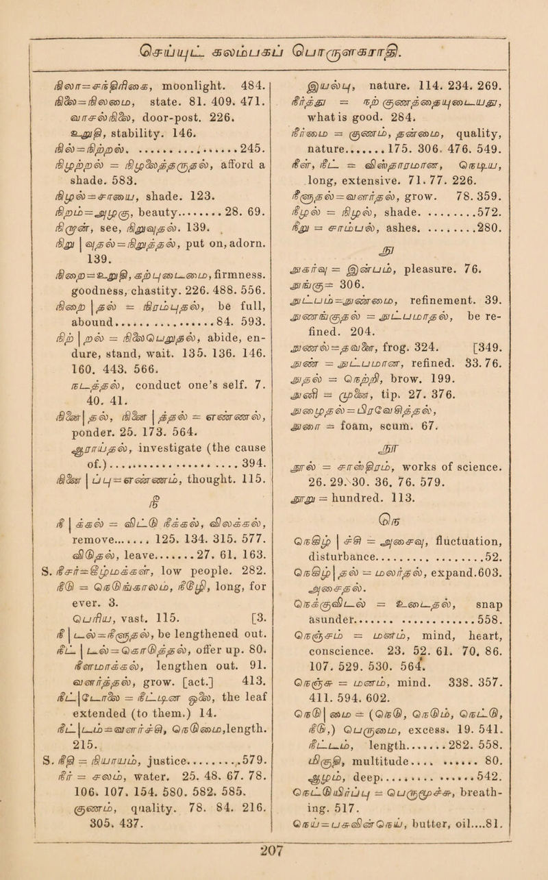 Q&iluljlL. asOihuau QurrQFjGrr&j'rrjS. i§<oorr=&:izfiilrfl<5ff>&, moonlight. 484. r§lSsv = £led<o®LD, state. 81. 409. 471. eu tr & eo £ldsd, door-post. 226. &-pifs), stability. 146. £1 ed = £lpped.. 245. rSippped — fS!LpSsoppQfjped, afford a shade. 583. $Lp®) = &rr<otoiLJ, shade. 123. iSlpih—^Lp^, beauty. 28. 69. iQiQrfm, see, Spieijped. 139. £lgv | eyped = £lpjpped, put on, adorn. 139. iBeap — s^pi^l, 3roL-i<o6)t—(o<?>t-D, firmness. goodness, chastity. 226. 488. 556. iSle&p | ped = rBjihpped, be full, abound.84. 593. i8p ] ped = £lSsdQupiped, abide, en¬ dure, stand, wait. 135. 136. 146. 160. 443. 566. rsi—pped, conduct one’s self. 7. 40. 41. ped, fSSssr j pped = erememed, ponder. 25. 173. 564. ^rrmLped, investigate (the cause of.). 394. £<jm | uLj — erememLD, thought. 115. /f £ | £aed = <sQlL(B ££<s5ed, eQeodseo, remove., 125. 134. 315. 577. eSKBped, leave.27. 61. 163. S. i§&ii={5L£>LD'£<35err, low people. 282. £(B = QtB(ElEJ65(T6dLD, £(B$, long, for ever. 3. Qurfhu, vast. 115. [3. £ j L-Sd^£(e^ped, be lengthened out. £lL j L-ed = Q<sir(Bpp<5d, offer up. 80. £errLDiT<d^6d, lengthen out. 91. eumrrppeo, grow, [act.] 413. £lL\Ci—rr§so = £tl.ip.esr epdsd, the leaf extended (to them.) 14. £lLQfE(Bea)LD,length. 215. S. i$fsl — ShumuLD, justice.,.579. £ir = &edtb, water. 25. 48. 67. 78. 106. 107. 154. 580. 582. 585. r&emLD, quality. 78. 84. 216. 305. 437. ^jiuedp, nature. 114. 234. 269. £rrpg.i — vp (^essrpeapiLjmi—iijpj, what is good. 284. £nee>LD = (ejessnb, peireiaLD, quality, nature. 175. 306, 476. 549. £eit, £lL = eSiempiuiLDrreisr, QiEipuj, long, extensive. 71. 77. 226. £(e^ped = euen-/rp6d, grow. 78.359. £ip&d = £liped, shade.572. £pi = &inlued, ashes.280. MI pi&rrey = ^jekuub, pleasure. 76. J57/E/0— 306. pnLuu>—pi<mrmLD, refinement. 39. jpieasrrki(ppeo — jpnLuLDrrped, be re¬ fined. 204. jpuoosred—peudsir, frog. 324. [349. guem = piL-ULorresr, refined. 33.76. pipei) = Girsp/Sl, brow. 199. pa0$ ~ Qp$m, tip. 27. 376. pietDLpped — iSljQeu&pped, pi&nrr = foam, scum. 67. jTjjr jp/red — ^rrav^ljju), works of science. 26. 29>30. 36. 76. 579. jgirpi — hundred. 113. Qf5 QrsQip j == ^gysro^o/, fluctuation, disturbance.52. Q/EQtp\ped — Loedrrped, expand.603. (o&) <9~<9j (o0 • QiE&t&fG&i—ed = £-<oVi—ped, snap asunder.558. Qr5(SF)&LD = LDtsstLD, mind, heart, conscience. 23. 52. 61. 70. 86. 107. 529. 530. 564. Q/e&s? = idqstld, mind. 338. 357. 411. 594. 602. Q/e®| 6&ld — (O/E©, Qm(Bud, QiblL®, £(B,) Qu(peaLD, excess. 19. 541. £lLl^ld, length.282. 558. l8(&)(bI, multitude.... *.*».. 80. p^LpuD, deep....*.*.. ...*.* 542. Q (E lL(B LiSl fr u ip ±2 Q u Qptpp & &, breath¬ ing. 517. Qrstij^u&eSeiirQfBUJ, butter, oil....81.