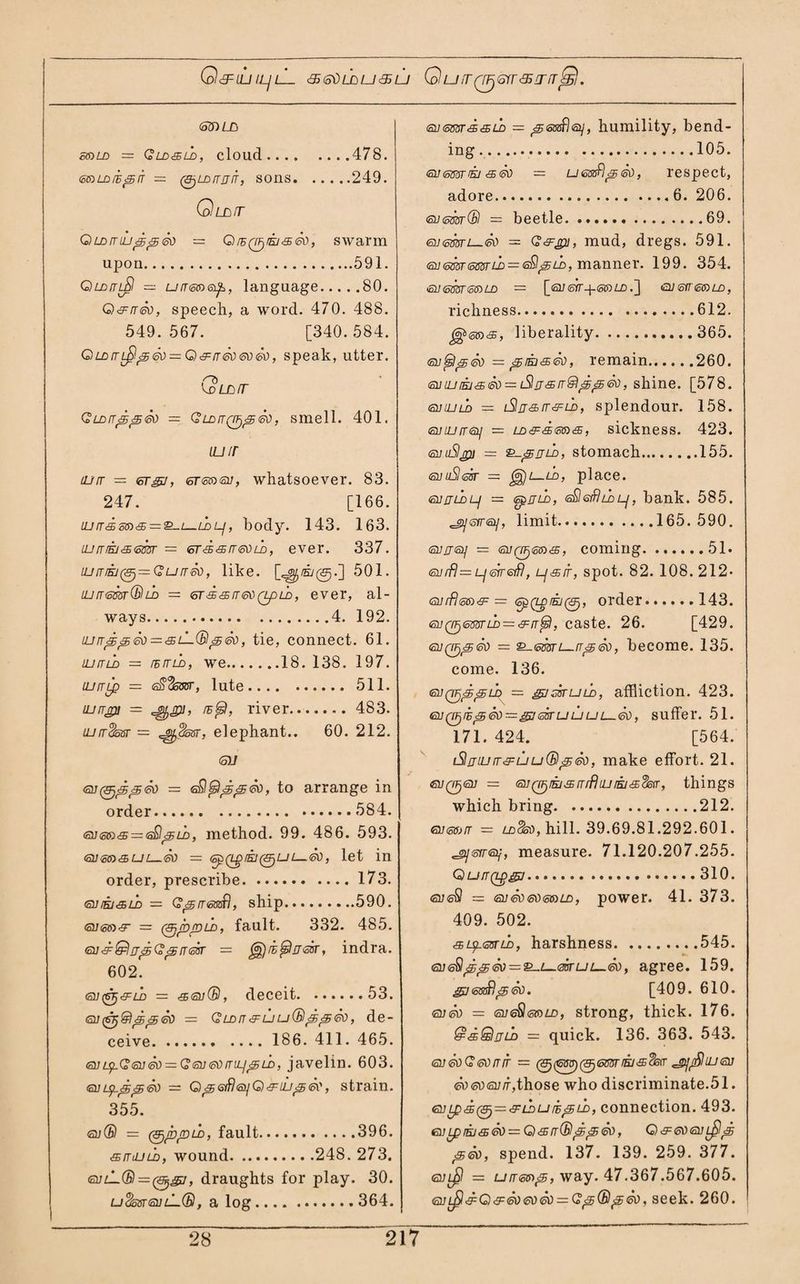 G&UJILJlL <SSOLC/U<SU QUiT(TJjSIT<35ITfT£g). S3) LD 66/LD = Gld&ld, cloud.478. covldie^it — (SjLDrrrTiT, sons.249. Gldit Gildotllj^^<so — Q®0®<sai, swarm upon.591. G)u/rotJ/l — uireo/eifi, language.80. Q&trSo, speech, a word. 470. 488. 549.567. [340.584. Qldrr<s60 = G)&it60 60 60, speak, utter. Qld/T Gldits;^60 — Gld[t(tf)^<50, smell. 401. loir turr — <sr&j, eresxsu, whatsoever. 83. 247. [166. iurTioS)<s — ^-L—LDLj, body. 143. 163. LUrrrKi&<smr = 60 <£ <& rr 60 zb, ever. 337. iLfrr ys7@ = Quit so, like. [^/sy@.] 501. mooem®!® — <sr & & rr <so (zp ld , ever, al¬ ways.4. 192. lu rr 55 <5 So = <s l~® ^ 60, tie, connect. 61. ilutld — ibotld, we.18. 138. 197. iLinip = eS’^bsr, lute.511. lurrgji = 'Jfyjpi, river. 483. luirdssr = ^dssr, elephant.. 60. 212. <311 (sutgj^^eo — gSso go , to arrange in order.584. <svg»<s — <sS35ld, method. 99. 486. 593. siim&uL—60 = <5p(LgiKj(&)Ui—<50, let in order, prescribe.173. taU/Ej&w = G’^/raafl, ship.590. <qugcolt = (gjprQLD, fault. 332. 485. 68<bQrj^G^oT6or = ^oe^sgoo, indra. 602. gooq&ld = &6o®, deceit.53. <5j(&j&l^^<50 — QLDn&uuGhpSfSeo, de¬ ceive. 186. 411. 465. 68 ulG 68 <so = G68 60 itil] <£ ld , javelin. 603. <5uLsptsps60 — Q si6ifleyG)&uj&><80, strain. 355. 68® = (Sjjb/Dld, fault.396. <&rrdJi£>, wound.248. 273. <a/Ll© = 0^y, draughts for play. 30. udosrsuLL®, a log.364. Gusmd^LD = ^sjafisy, humility, bend ing.105. <a/c5w«h&<so — U63ifl&60, respect, adore.6. 206. 68658r(& — beetle.69. 68 65501—60 = G&gu, mud, dregs. 591. 6865506550ld = ld, manner. 199. 354. 68 655065/LD — [i58 600-\-65/LD 6860065/LD, richness.612. ^<sro<®, liberality.365. 68£5!so60 = 55/£)<s60, remain.260. 68Ujra<£60 — i$n&iT@i^^60, shine. [578. 68UJLD — iSlrra,ro&Lb, splendour. 158. 681U0061) = ld <of<3 66) iS, sickness. 423. 68(iSlga — &-jsjju>, stomach.155. 68uSl650 = Jj)i—LD, place. 68ojldL-j = tsproLD, 6$&flldlj, bank. 585. ^sroeij, limit.165. 590. 68J611 — <si/0iaocs, coming.51. 68ofl = lj600&flf Lf&io, spot. 82. 108. 212- 68rfl6a& = <spQgiii(&j, order.143. 68QF)6580ld — <fFoo&ol, caste. 26. [429. 68Qf)^60 = &-6550L-.rr^60, become. 135. come. 136. 68QF)^^ip - &I550UI®, affliction. 423. 68 QF) 05 3> 60 — 650 LJ LJ U L_60 , Suffer. 51. 171. 424. [564. tSljiuro&uuQ^So, make effort. 21. €8(00)68 — 68 (LfjlEJLE 00 ffj UJIKI65 (/off, tilings which bring.212. 6860/ro = ldSso, hill. 39.69.81.292.601. «jysrr<sy, measure. 71.120.207.255. Qu/OQggj.310. 686$ = 68 60 6066/LD, power. 41. 373. 409. 502. <5>LSL.6B0LD, harshness.545. 686$<£jg60=£L-i—6oou 1—60, agree. 159. gjGsaRgoisd. [409. 610. 6860 = 686§l60)ld, strong, thick. 176. @aQjjLD = quick. 136. 363. 543. 686oG6ororo = @(GOT)@<K®r/E/«s&ir ^cSIiligg 606068it,those who discriminate.51. €2iLpok(3j — (bldljielbld, connection. 493. 68 ip lEO <3> 60 = G) 35 IT® (£ 60, O <5- 60 68 L^/l <£ So, spend. 137. 139. 259. 377. 68l£I = urreo/jg, way. 47.367.567.605. 68Lfl&:G)&:606060 = G<£®j560, seek. 260.