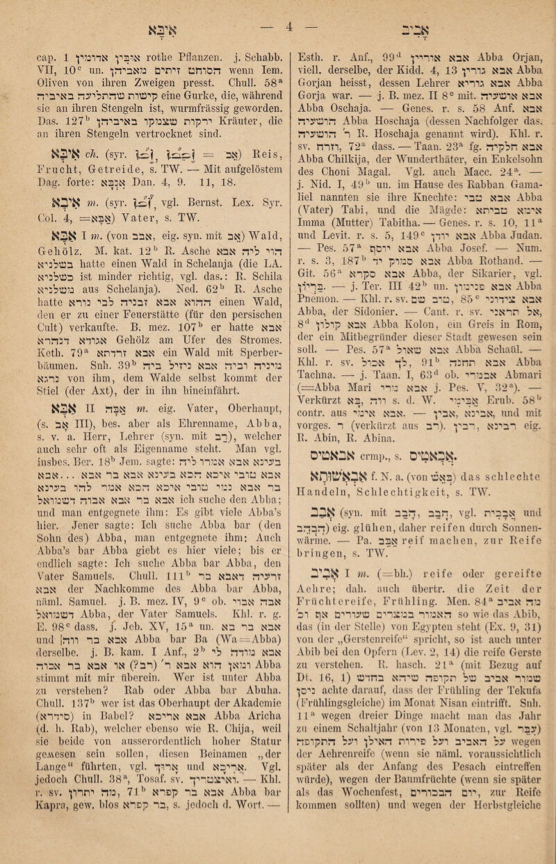 T • ’ T Esth. r. Auf., 99'^ אבא אוריין Abba Orjan, viell. derselbe, der Kidd. 4, 13 אבא גררין Abba Gorjan heisst, dessen Lehrer אבא גרריא Abba Gorja war. — j. B. mez. II 8® mit. אבא ארטעיזר Abba Oschaja. — Genes, r. s. 58 Anf. אבא הירטעיזר Abba Hoschaja (dessen Nachfolger das. !ר דרטעיד B. Hoschaja genannt wird). Khl. r. SV. 72 ,וזרח^ dass. — Taan. 23^ fg. אבא חלקיה Abba Chilkija, der Wimderthäter, ein Enkelsohn des Choni Magal. Vgl. auch Macc. 24 ^ — j. Nid. I, 49'״ un. im Hause des Eabban Gama- liel nannten sie ihre Knechte: אבא טבי Abba (Vater) Tabi, und die Mägde: אינלא טביתא Imma (Mutter) Tabitha. — Genes, r. s. 10, 11^ und Levit. r. s. 5, 149אבא ירדן ״ Abba Judan. — Pes. 57^ ^אבא ירסן Abba Josef. — Num. r. s. 3, 187^ אבא סנלרק יד Abba Eothand. — Git. 56אבא הקרא ^'״ Abba, der Sikarier, vgl. בדירן. — j. Ter. III 42^ un. אבא פנינלרן Abba Pnemon. — Khl. r. sv. אבא צידרכי ״85 ,טרב טם Abba, der Sidonier. — Cant. r. sv. אל תראיי, 8^^ אבא קרלרן Abba Kolon, ein Greis in Eom, der ein Mitbegründer dieser Stadt gewesen sein soll. — Pes. 57^ אבא טארל Abba Schaül. — Khl. r. SV. אבא תחכה יי!9 ,לך אכרל Abba Tachna. — j. Taan. I, 63^^ ob. אבסלדי Abmari (=Abba Mari אבא נלרי j. Pes. V, 32— Verkürzt ררה ,בא s. d. W. אבינלי Erub. 58^ contr. aus אביכא ,אבין — .אבא איכלי, und mit vorges. ר (verkürz-t aus רביכא ,רבין .(רב eig. E. Abin, E. Abina. אבאטיס crmp., s. .אכאטיס ;־ ד • ' ו^אtאטא'ע f. N. a. (von באט) das schlechte Handeln, Schlechtigkeit, s. TW. אבב (syn. mit חבב ,הבב, vgl. אבבית und הבהב) eig. glühen, daher reifen durch Sonnen- wärine. — Pa. אבב reif machen, zur Eeife bringen, s. TW. אביב I m. (—bh.) reife oder gereifte Aehre; dah. auch übertr. die Zeit der Früchtereife, Frühling. Men. 84^ נלה אביב האנלרר בנלצרים טערריב אך רכ so wie das Abib, das (in der Stelle) von Egypten steht (Ex. 9, 31) von der ״Gerstenreife“ spricht, so ist auch unter Abib bei den Opfern (Lev. 2, 14) die reife Gerste zu verstehen. E. hasch. 21^ (mit Bezug auf Dt. 16, 1) טנלרר אביב טל תקופה טיהא בחדט כיסן achte darauf, dass der Frühling der Tekufa (Frühlingsgleiche) im Monat Nisan eintrifft. Snh. 11» wegen dreier Dinge macht man das Jahr zu einem Schaltjahr (von 13 Monaten, vgl. (עבר על האביב ועל פירות האילן רעל התקופה wegen der Aehrenreife (wenn sie näml. voraussichtlich später als der Anfang des Pesach eintreffen würde), wegen der Baumfrüchte (wenn sie später als das Wochenfest, יום הבכררים, zur Eeife kommen sollten) und wegen der Herbstgleiche cap. 1 אובין אדרנלין rothe Pflanzen, j. Schabb. VII, 10״ un. הסוחט זיתים נלאביהן wenn lern. Oliven von ihren Zweigen presst. Chull. 58^ קיטות טהתליעה באיביה eine Gurke, die, während sie an ihren Stengeln ist, wurmfrässig geworden. Das. 127^ ירקות ט^גנלקו באיביהן Kräuter, die an ihren Stengeln vertrocknet sind. איבא ch. (syr. = ^א) Eeis, Frucht, Getreide, s. TW. — Mit aufgelöstem Dag. forte: אכבא Dan. 4, 9. 11, 18. איבא m. (syr. vgl. Bernst. Lex. Syr. Col. 4, =א^בא) Vater, s. TW. אבא I m. (von אבב, eig. syn. mit אב) Wald, Gehölz. M. kat. 12^ E. Asche הירי ליה אבא בטלכיא hatte einen Wald in Schelanja (die LA. כטלכיא ist minder richtig, vgl. das.: E. Schila נלטלביא aus Schelanja). Ned. 62^ E. Asche hatte ההוא אבא זבניה לבי בורא einen Wald, den er zu einer Feuerstätte (für den persischen Cult) verkaufte. B. mez. 107^ er hatte אבא אגרדא דנהרא Gehölz am Ufer des Stromes. Keth. 79^ אבא זרדתא ein Wald mit Sperber- bäumen. Snh. 39^ נליכיה וביה אבא ביזיל ביה נרגא von ihm, dem Walde selbst kommt der Stiel (der x4xt), der in ihn hineinfährt. אבא II אבה m. eig. Vater, Oberhaupt, (s. אב III), bes. aber als Ehrenname, Abba, s. V. ^a. Herr, Lehrer (syn. mit רב), welcher auch sehr oft als Eigenname steht. Man vgl. insbes. Ber. 18^ Jem. sagte: בעיבא אבא אנלרו ליה אבא טובי איכא הבא בעיכא אבא בר אבא .. .אבא בר אבא כילי טובי איכא הכא אכלר להו בעיכא אבא בר אבא אברה דטנלואל ich suche den Abba; und man entgegnete ihm: Es gibt viele Abba’s hier. Jener sagte: Ich suche Abba bar (den Sohn des) Abba, man entgegnete ihm: Auch Abba’s bar Abba giebt es hier viele; bis er endlich sagte: Ich suche Abba bar Abba, den Vater Samuels. Chull. 111^זרעיה דאבא בר י אבא der Nachkomme des Abba bar Abba, näml. Samuel, j. B. mez. IV, 9״ ob. אבה אבוי דטנלואל Abba, der Vater Samuels. Khl. r. g. E. 98״ dass. j. Jeb. XV, 15^ un. אבא בר בא und |אבא בר ווה Abba bar Ba (Wa—Abba) derselbe, j. B. kam. I Auf., 2אבא כלודה לי יי ונלאן הירא אבא ר' (רב?) או אבא בר אברה Abba stimmt mit mir überein. Wer ist unter Abba zu verstehen? Eab oder Abba bar Abuha. Chull. 137יי wer ist das Oberhaupt der Akademie (סידרא) in Babel? אבא אריכא Abba Aricha (d. 11. Eab), welcher ebenso wie E. Chija, weil sie beide von ausserordentlich hoher Statur geAvesen sein sollen, diesen Beinamen ״ der Lange“ führten, vgl. ארוך und אריככא. Vgl. jedoch Chull. 38% Tosaf. sv. ואיצטריך. — Khl. r. SV. אבא בר קפרא יי71 ,נלה יתרון Abba bar Kapra, gew. blos בר קפרא, s. jedoch d. Wort. —