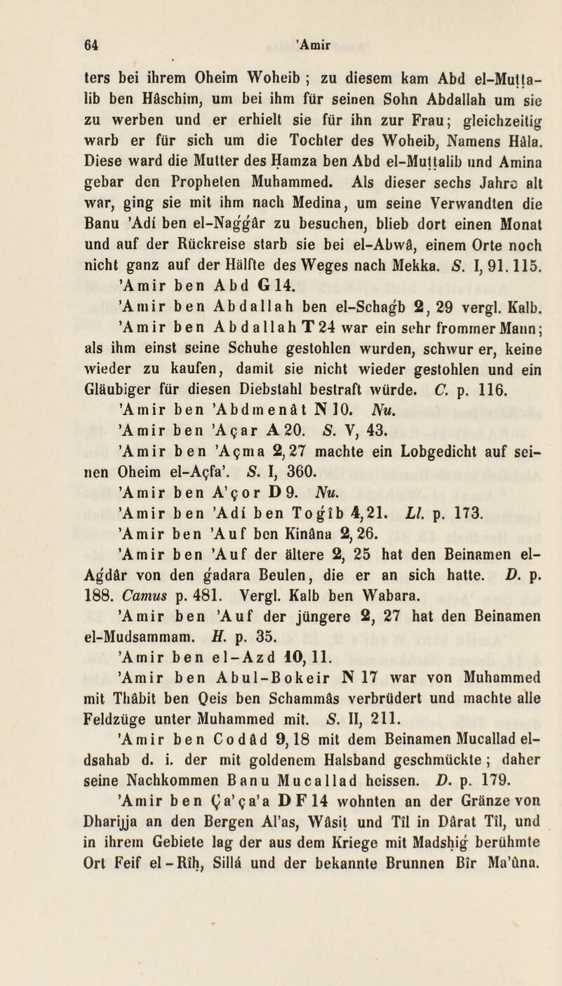 ters bei ihrem Oheim Woheib ; zu diesem kam Abd el-Mutta- lib ben Häschim, um bei ihm für seinen Sohn Abdallah um sie zu werben und er erhielt sie für ihn zur Frau; gleichzeitig warb er für sich um die Tochter des Woheib, Namens Häla. Diese ward die Mutter des Hamza ben Abd el-Mutlalib und Amina gebar den Propheten Muhammed. Als dieser sechs Jahre alt war, ging sie mit ihm nach Medina, um seine Verwandten die Banu ’Adi ben el-Naggär zu besuchen, blieb dort einen Monat und auf der Rückreise starb sie bei el-Abwä, einem Orte noch nicht ganz auf der Hälfte des Weges nach Mekka. S. 1,91.115. ’Amir ben Abd G 14. ’Amir ben Abdallah ben el-Schagb 2,29 vergl. Kalb. ’Amir ben Abdallah T 24 war ein sehr frommer Mann; als ihm einst seine Schuhe gestohlen wurden, schwur er, keine wieder zu kaufen, damit sie nicht wieder gestohlen und ein Gläubiger für diesen Diebstahl bestraft würde. C. p. 116. ’A m i r ben ’A b d in e n ä t N 10. iVw. ’A m i r b e n ’A (j a r A 20. S. V, 43. ’Amir ben ’A^ma 2,27 machte ein Lobgedicht auf sei¬ nen Oheim el-A(;fa’. S. I, 360. ’Amir ben A’^or D9. Nu. ’Amir ben ’Adi ben To gib 4,21. LI. p. 173. ’Amir ben ’Auf ben Kinäna 2,26. ’Amir ben ’Auf der ältere 2, 25 hat den Beinamen el- Agdär von den gadara Beulen, die er an sich hatte. D. p. 188. Camus p. 481. Vergl. Kalb ben Wabara. ’Amir ben ’Auf der jüngere 2, 27 hat den Beinamen el-Mudsammam. U. p. 35. ’Amir ben el-Azd 10,11. ’Amir ben Abul-Bokeir N 17 war von Muhammed mit Thäbit ben Oeis ben Schammäs verbrüdert und machte alle Feldzüge unter Muhammed mit. S. II, 211. ’Amir ben Codäd 9,18 mit dem Beinamen Mucallad el- dsahab d. i. der mit goldenem Halsband geschmückte ; daher seine Nachkommen Banu Mucallad heissen. D. p. 179. ’Amir ben (^a’Qa’a D F 14 wohnten an der Gränze von Dharijja an den Bergen Al’as, Wäsil und Til in Därat Til, und in ihrem Gebiete lag der aus dem Kriege mit Madshig berühmte Ort Feif el-Rih, Sillä und der bekannte Brunnen Bir Ma’ünn.