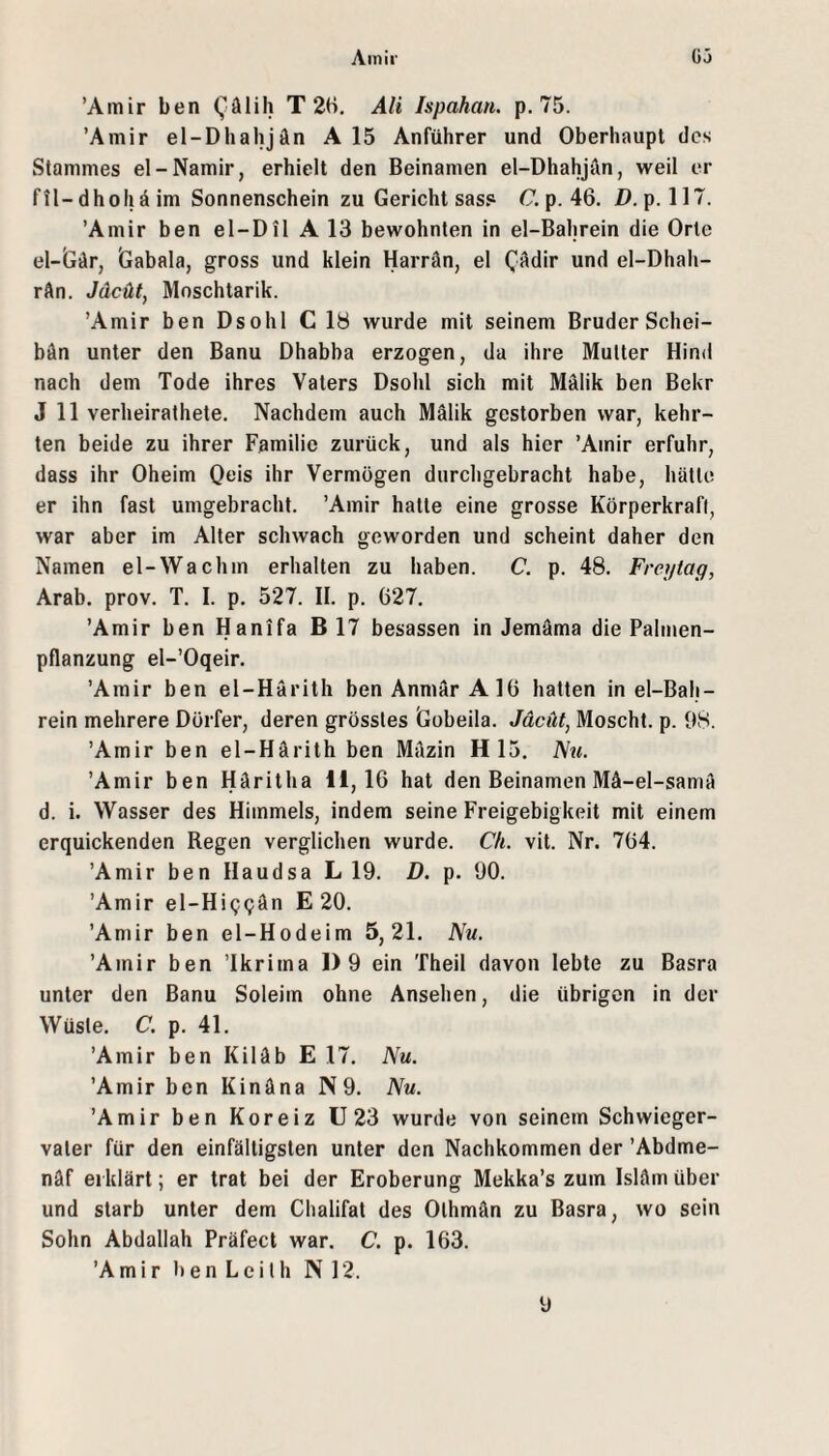 ’Amir ben (^älih T 2(i, Ali Ispahan. p. 75. ’Amir el-Dhalijän A 15 Anführer und Oberhaupt des Stammes el-Namir, erhielt den Beinamen el-Dhahjän, weil er ftl-dhohäim Sonnenschein zu Gerichtsass p. 46. D.p. 117. ’Amir ben el-Dil A13 bewohnten in el-Bahrein die Orte el-Gür, Gabala, gross und klein Harrün, el QAdir und el-Dhah- rAn. Jäcüt, Moschtarik. ’Amir ben Dsohl C 18 wurde mit seinem Bruder Schei- bän unter den Banu Dhabba erzogen, da ihre Mutter Hind nach dem Tode ihres Vaters Dsohl sich mit Mälik ben Bekr J 11 verheirathete. Nachdem auch Mälik gestorben war, kehr¬ ten beide zu ihrer Familie zurück, und als hier ’Amir erfuhr, dass ihr Oheim 0«is ihr Vermögen durchgebracht habe, hätte er ihn fast umgebracht. ’Amir hatte eine grosse Körperkrafi, war aber im Alter schwach geworden und scheint daher den Namen el-Wachm erhalten zu haben. C. p. 48. Freijtag, Arab. prov. T. I. p. 527. II. p. 627, ’Amir ben Hanifa B 17 besassen in Jemäma die Palmen¬ pflanzung el-’Oqeir. ’Arair ben el-Härith ben Anmar A16 hatten in el-Bah- rein mehrere Dörfer, deren grösstes Gobeila. Jäcüt, Moscht, p. 08. ’Amir ben el-Härith ben Mäzin H15. iV?<. ’Amir ben Häritha 11,16 hat den Beinamen Mä-el-samä d. i. Wasser des Himmels, indem seine Freigebigkeit mit einem erquickenden Regen verglichen wurde. Ch. vit. Nr. 764. ’Amir ben Haudsa L 19. D. p. 90. ’Amir el-Higgän E 20. ’Amir ben el-Hodeim 5,21. Nu. ’Amir ben ’lkrima 1)9 ein Theil davon lebte zu Basra unter den Banu Soleiin ohne Ansehen, die übrigen in der Wüste, a p. 41. ’Amir ben Kiläb E 17. Nu. ’Amir ben Kinäna N 9. Nu. ’Amir ben Koreiz U23 wurde von seinem Schwieger¬ vater für den einfältigsten unter den Nachkommen der ’Abdme- näf erklärt; er trat bei der Eroberung Mekka’s zum Isläm über und starb unter dem Chalifat des Olhmän zu Basra, wo sein Sohn Abdallah Präfect war. C. p. 163. ’Amir ben Leit h NT?.