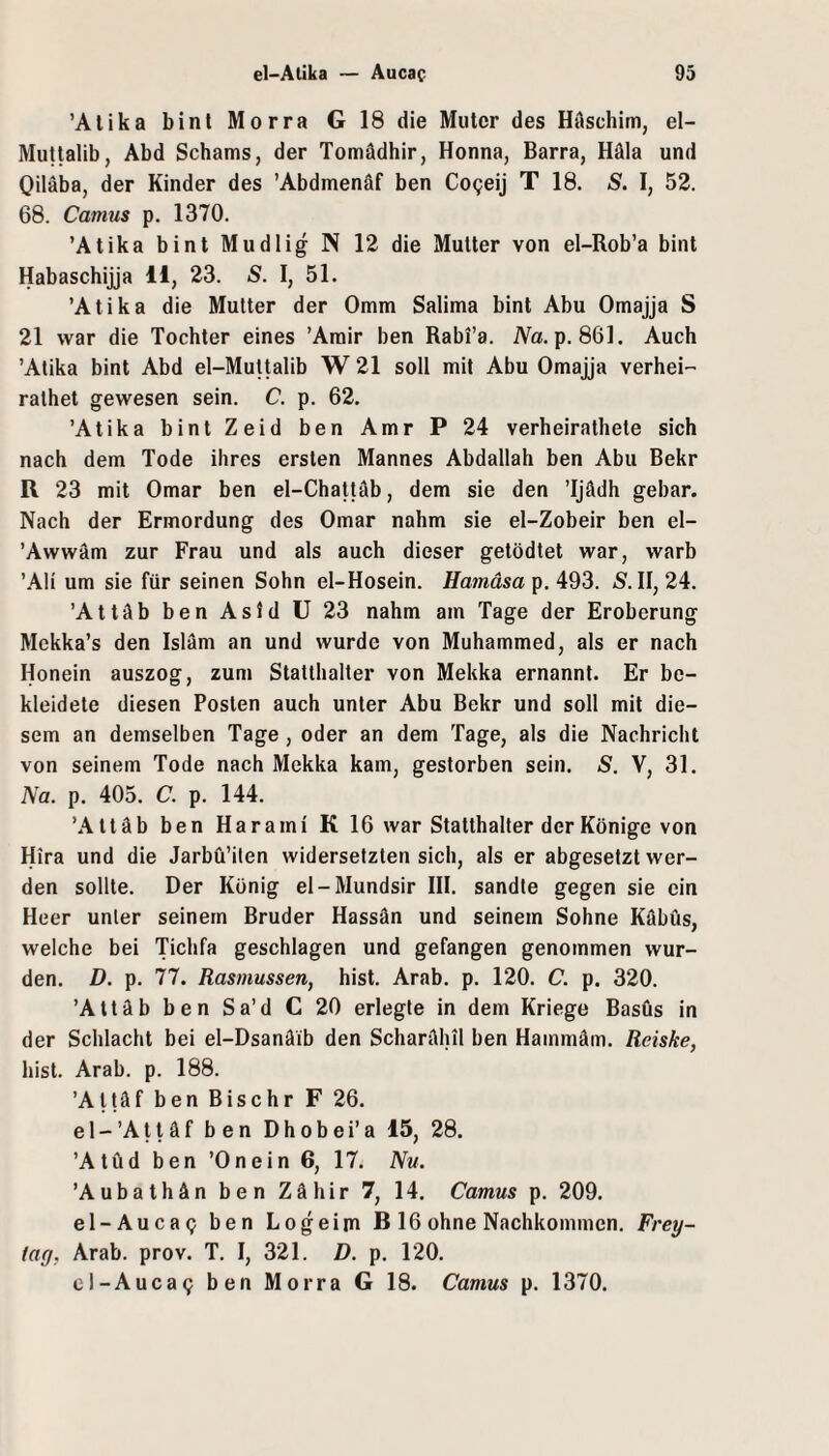 ’Alika binl Morra G 18 die Muter des Hüschim, el- Mutlalib, Abd Schams, der Tomädhir, Henna, Barra, Häla und Oiläba, der Kinder des ’Abdmenäf ben Cogeij T 18. S. 1, 52. 68. Camus p. 1370. ’Atika bint Mudlig N 12 die Mutter von el-Rob’a bint Habaschijja 11, 23. S. 1, 51. ’Atika die Mutter der 0mm Salima bint Abu Omajja S 21 war die Tochter eines ’Amir ben Rabi’a. A^a. p. 861. Auch ’Atika bint Abd el-Muttalib W 21 soll mit Abu Omajja verhei-' rathet gewesen sein. C. p. 62. ’Atika bint Zeid ben Amr P 24 verheirathete sich nach dem Tode ihres ersten Mannes Abdallah ben Abu Bekr R 23 mit Omar ben el-Chattäb, dem sie den ’ljädh gebar. Nach der Ermordung des Omar nahm sie el-Zobeir ben el- ’Awwäm zur Frau und als auch dieser getödtet war, warb ’.Ali um sie für seinen Sohn el-Hosein. Hamäsap. S. II, 24. ’Attäb ben Asld ü 23 nahm am Tage der Eroberung Mckka’s den Islam an und wurde von Muhammed, als er nach Honein auszog, zum Statthalter von Mekka ernannt. Er be¬ kleidete diesen Posten auch unter Abu Bekr und soll mit die¬ sem an demselben Tage , oder an dem Tage, als die Nachricht von seinem Tode nach Mekka kam, gestorben sein. S. V, 31. Na. p. 405. C. p. 144. ’Attäb ben Haram i K 16 war Statthalter der Könige von Hira und die Jarbü’iten widersetzten sich, als er abgesetzt wer¬ den sollte. Der König el-Mundsir IH. sandte gegen sie ein Heer unter seinem Bruder Hassän und seinem Sohne Kübus, welche bei Tichfa geschlagen und gefangen genommen wur¬ den. D. p. 77. Rasmussen, hist. Arab. p. 120. C. p. 320. ’Attäb ben Sa’d C 20 erlegte in dem Kriege Basüs in der Schlacht bei el-Dsanäib den Scharähil ben Hammäm. Reiske, hist. Arab. p. 188. ’AUäf ben Bischr F 26. e 1 - ’A 11 ä f ben D h o b e i’ a 15, 28. ’Atöd ben ’Onein 6, 17. Nu. ’Aubathän ben Zähir 7, 14, Camus p. 209. el-AucaQ ben Logeim B 16 ohne Nachkommen. Frey¬ tag, Arab. prov. T. I, 321. D. p, 120, cl-Auca9 ben Morra G 18. Camus p. 1370.