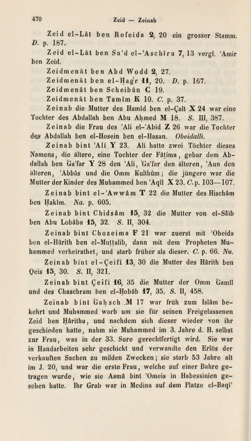 Zeid el-Läl ben Rofeida 2, 20 ein grosser Stamm. D. p. 187. Zeid el-Lat ben Sa’d el-’Aschira 7,13 vergl. ’Amir ben Zeid. Zeidmenat ben Abd Wodd 2, 27. Zeidmenat ben el-Hag'r H, 20. D. p. 167. Zeidmenäl ben Scheibän C 19. Zeidmenät ben Tamim K 10. C. p. 37. Zein ab die Mutter des Hamid ben el-Qalt X 24 wareine Tochter des Abdallah ben Abu Ahmed M 18. S. III, 387. Zein ab die Frau des ’Ali el-’Abid Z 26 war die Tochter des Abdallah ben el-Hosein ben el-Hasan. Obeidalli. Zeinab bint ’Ali Y 23. Ali hatte zwei Töchter dieses Namens, die ältere, eine Tochter der Fätima, gebar dem Ab¬ dallah ben Ga’far Y 28 den ’Ali, 'Ga’far den älteren, ’Aun den älleren, ’Abbäs und die 0mm Kulthüm ; die jüngere war die Mutter der Kinder des Muhammed ben’Aqil X23. C.p. 103—107. Zeinab bint el-’Awwäm T 22 die Mutter des Hischäm ben Hakim. Na. p. 605. Zeinab bint Chidsäm 15, 32 die Mutter von el-Säib ben Abu Lobäba 15, 32. Ä. II, 304. Zeinab bint Chozeima F 21 war zuerst mit ’Obeida ben el-Harith ben el-Muttalib, dann mit dem Propheten Mu¬ hammed verheirathet, und starb früher als dieser, C. p. 66. Nu. Zeinab bint el-(^/eifi 13, 30 die Mutter des Härith ben Oeis 15, 30. 5. II, 321. Zeinab bint Qeifi 16, 35 die Mutter der 0mm Gamil und des Chaschram ben el-Hobäb 17, 35. >S. II, 458. Zeinab bint Gahsch .M 17 war früh zum Isläm be¬ kehrt und Muhammed warb um sie für seinen Freigelassenen Zeid ben Häritha, und nachdem sich dieser wieder von ihr geschieden hatte, nahm sie Muhammed im 3. Jahre d. H. selbst zur Frau, was in der 33. Sure gerechtfertigt wird. Sie war in Handarbeiten sehr geschickt und verwandte den Erlös der verkauften Sachen zu milden Zwecken; sie starb 53 Jahre alt im J. 20, und war die erste Frau, welche auf einer Bahre ge¬ tragen wurde, wie sie Asmä bint ’Oineis in Habessinien ge¬ sehen hatte. Ihr Grab war in Medina auf dem Platze el-Baqi’