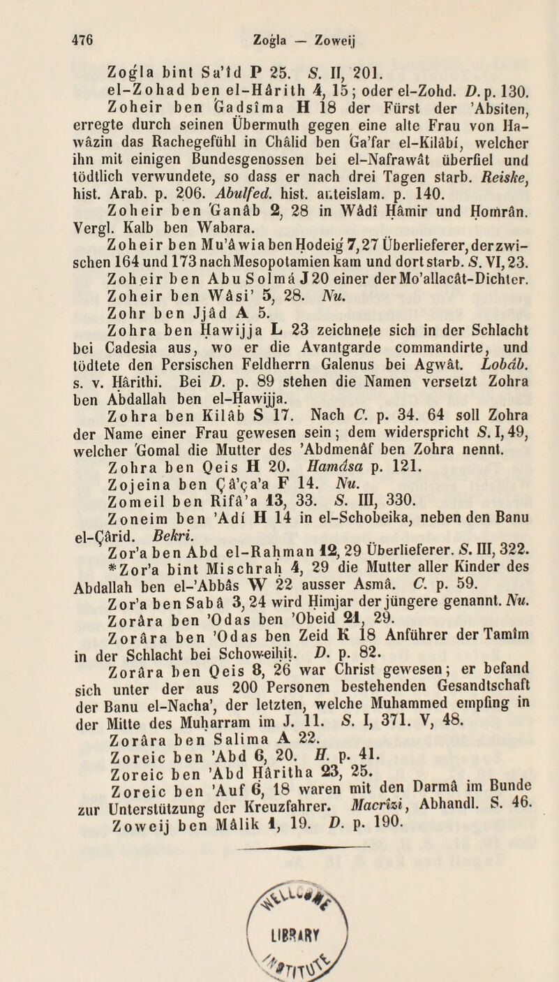 Zogla bint Sa’ld P 25. S. II, 201. el-Zohad ben el-Härith 4, 15; oder el-Zohd. D. p. 130. Zoheir ben Gadsima H 18 der Fürst der ’Absilen, erregte durch seinen Übermuth gegen eine alte Frau von Ha- wäzin das Rachegefühl in Chälid ben Ga’far el-Kiläbi, welcher ihn mit einigen Bundesgenossen bei el-Nafrawat überfiel und tödtlich verwundete, so dass er nach drei Tagen starb. Reiske, hist. Arab. p. 206. Abulfed. hist, ar.teislam. p. 140. Zoheir ben 'Ganäb 2, 28 in Wädi Hämir und Hornrän. Vergl. Kalb ben Wabara. ZoheirbenM u’ä wia ben Hodeig 7,27 Überlieferer, der zwi¬ schen 164 und 173nachMesopotamienkam und dort starb. S. VI, 23. Zoheir ben AbuSolmäJ20 einer derMo’allacät-Dichter. Zoheir ben Wäsi’ 5, 28. Nu. Zohr ben Jjäd A 5. Zohra ben Hawijja L 23 zeichnete sich in der Schlacht bei Cadesia aus, wo er die Avantgarde commandirte, und tüdtete den Persischen Feldherrn Galenus bei Agwät. Lohdb. s. V. Härithi. Bei D. p. 89 stehen die Namen versetzt Zohra ben Abdallah ben el-Hawijja. Zohra ben Kiläb S 17. Nach C. p. 34. 64 soll Zohra der Name einer Frau gewesen sein; dem widerspricht S. 1,49, welcher 'Gomal die Mutter des ’Abdmenüf ben Zohra nennt. Zohra ben Qeis H 20. Hamdsa p. 121. Zojeina ben Qä’Qa’a F 14. Nu. Zomeil ben Rifä’a 13, 33. S. III, 330. Zoneim ben ’Adi H 14 in el-Schobeika, neben den Banu el-Carid. Bekri. Zor’a ben Abd el-Rahman 12, 29 Überlieferer. S. III, 322. *Zor’a bint Mi sehr ah 4, 29 die Mutter aller Kinder des Abdallah ben el-’Abbas W 22 ausser Asmä. C. p. 59. Zor’a ben Sab ä 3,24 wird Himjar der jüngere genannt. Nu. Zorära ben ’Odas ben ’Obeid 21, 29. Zorära ben ’Odas ben Zeid K 18 Anführer derTamim in der Schlacht bei Schoweihil. D. p. 82. Zorära ben Oeis 8, 26 war Christ gewesen; er befand sich unter der aus 200 Personen bestehenden Gesandtschaft der Banu el-Nacha’, der letzten, welche Muhammed empfing in der Mitte des Muharram im J. 11. S. I, 371. V, 48. Zorära ben Salima A 22. Zoreic ben 'Abd 6, 20. H. p. 41. Zoreic ben ’Abd Häritha 23, 25. Zoreic ben ’Auf 6, 18 waren mit den Darmä im Bunde zur Unterstützung der Kreuzfahrer. Macrizi, Abhandl. S. 46. Zoweij ben Mälik 1, 19. D. p. 190. f LIBRiRY j