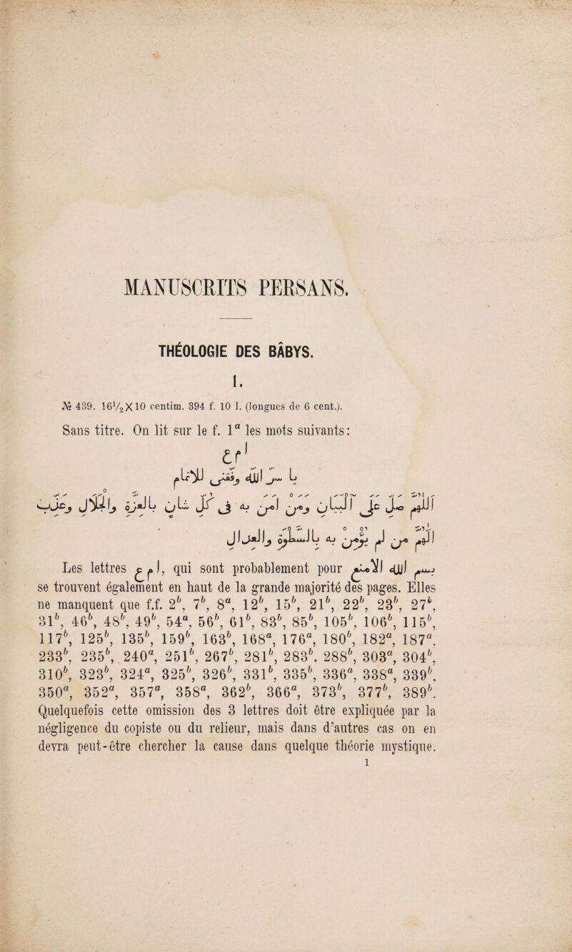 MANUSCRITS PERSANS. THÉOLOGIE DES BÂBYS. 1. i\2 439. !6V2X10 centim, 394 f. 10 1. (longues de 6 cenl.). Sans titre. On lit sur le f. 1° les mots suivants: I df ru^j L J 1 La J j ^«o I * i | ÿ '°i ^ n oo^ . . ojIuaJQ ^ ^ y* ^J) /-p n ✓ / ^ ✓* Cm ^ 1 , / Les lettres c ^ I, qui sont probablement pour £*<Al <jjl ^ se trouvent également en haut de la grande majorité des pages. Elles ne manquent que f.f. 2b, lb, 8°, I2b, lhb, 2lb, 22b, 236, 27\ 3\b, 46\ àSb, 496, 54“, 56'', 616, 836, 85*, 105*, 106*, 115'', 1 17*, 125*, 135*, 159*, 163*, 168“, 176°, 180*, 182°, 187“. 233*, 235*, 240“, 251*, 267*, 281*, 2836. 288\ 303“, 304\ 310*, 3236, 324“, 325*, 326'', 331*, 3356, 336“, 338“, 3396. 350“, 352°, 357“, 358“, 3626, 366“, 373'', 377*, 389''. Quelquefois cette omission des 3 lettres doit être expliquée par la négligence du copiste ou du relieur, mais dans d’autres cas on en devra peut-être chercher la cause dans quelque théorie mystique.