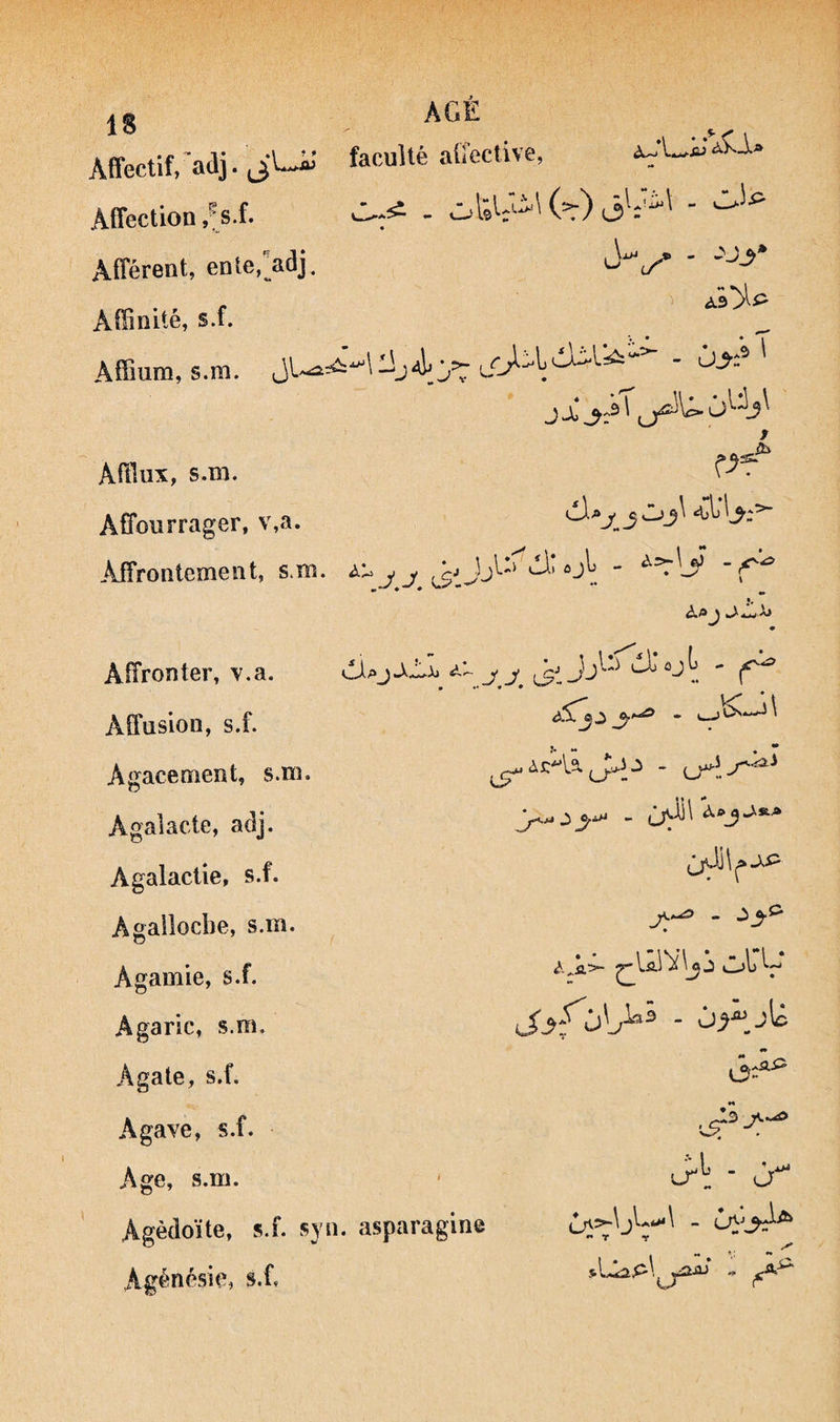Affectif/adj. Affection Afférent, ente,>dj. AGÉ faculté aüective, (=:) - .'jy Affinité, s.f. Affium, s.m. 1 jl:]j\ Afflux, s.m. Affourrager, v,a. Affrontement, s.m. • Affronter, v.a. cÜpj J J lJj Affusion, s.f. Agacement, s.m. Agalacte, adj. Agalactie, s.f. Agailocbe, s.m. Agamie, s.f. Agaric, s.m. j^rji>5. jU Agate, s.f. Agave, s.f. Age, s.m. • J-1; - ûr Agèdoïte, s.f. svti. asparagine Agénésie, s.ff