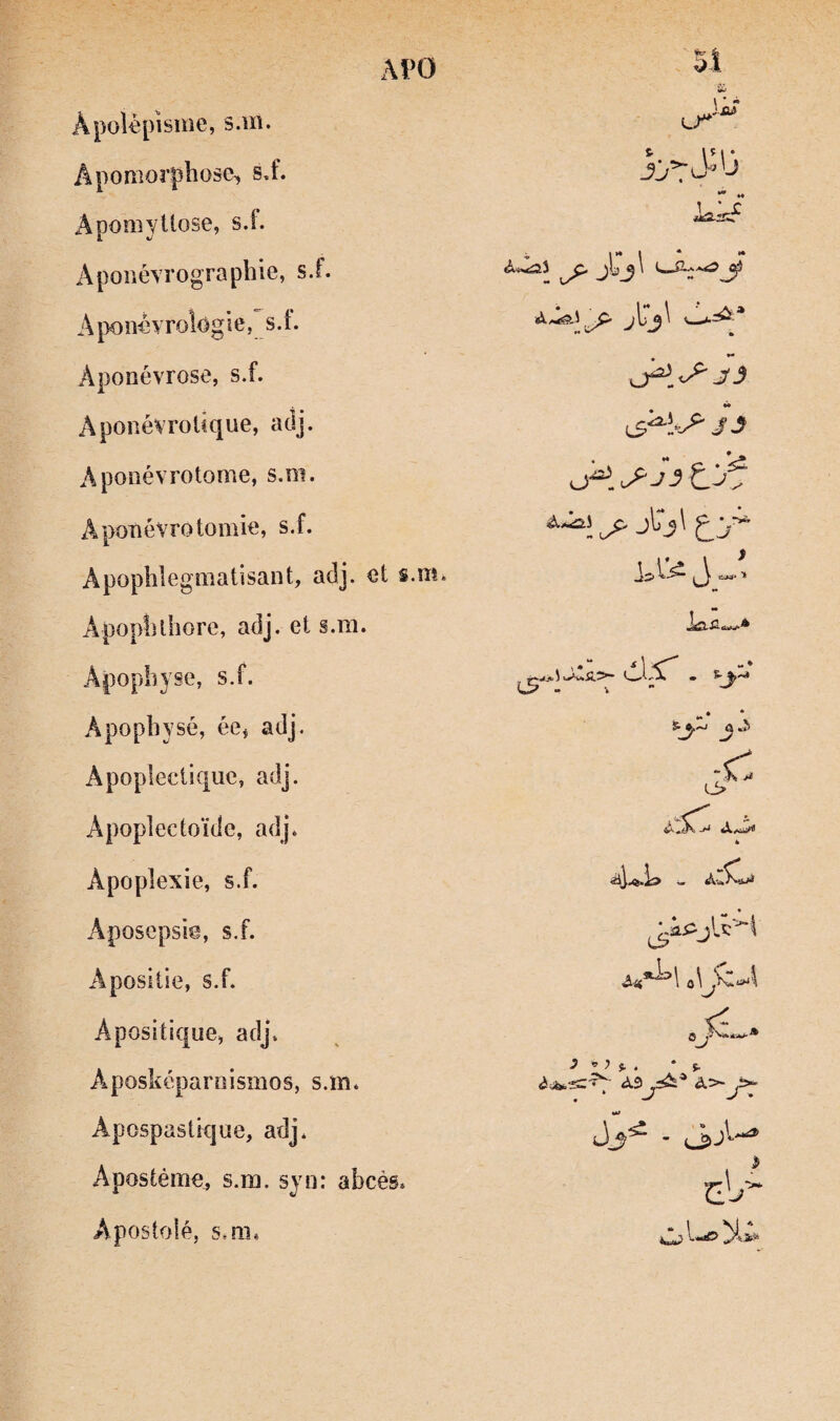 AVO Âpolépisme, s.m. Apoaiorphose^ s,f. Apomyttose, s.f. ApoiiéYrographie, si. A poiré vrologi e, s i. Aponévrose, s.f. Aponévroüque, adj. Aponévrotome, s.m. Aooîiévrotomie, s.f. 1 Apopblegmatisaiit, adj. et s.m. Apopblhore, adj. et s.m. Apophyse, s.f. Âpophysé, ée* adj. Apopleci!C|uc, adj. Apoplectoïde, adj. Apoplexie, s.f. Aposepsie, s.f. Aposltie, s.f. Aposltique, adj. Aposképaroismos, s.m. Apospastique, adj. Apostéme, s.m. syn; abcès. Apostoié, s.m. J 3 «>» J 3 J kS. - V •• Ü? J* iXAii.* . ^ i. . * s. A>-^ KieM^