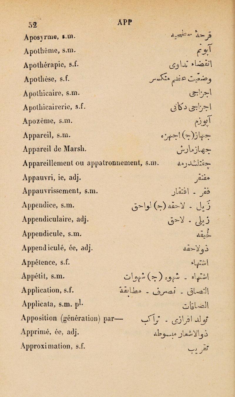 ÂPP Aposyrme, s.m. Apothème, s.m, Apoilîérapie, s,f. Apotlièse, s.f. Apothicaire, s.m. Apotlîicaireric, s.f. 1 r J (j^b=T' «jK-j ^JTb=r' xApozème, s.m. Appareil, s.m. Appareil de Marsh. Appareillement ou appi Appauvri, ie, adj. Appauvrissement, s.m. Appendice, s.m. Appendiculaire, adj. Appendicule, s.m. Appeodiculé, ée, adj. Appétence, s.f. Appétit, s.m. Application, s.f. Appîicata, s.m. p^* Apposition (génération) Apprimé, ée, adj. Approximation, s.f. , S.ÎIL f-^4' . ». t » ♦ àaja*b..Ua: SL^a (>») • Jjj v3>-V . JO » ^ . f “ . r * (57) àAJ LJæ. — I ^ par— ^\J . ^j\JJ V'j5 V—>J