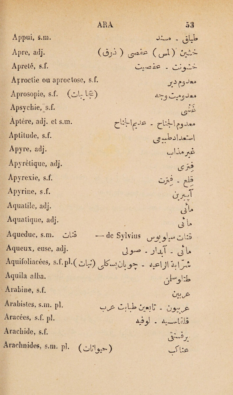 Apre, adj. (c3j. Apreté, s.f. “ * ^ •• • • ^ Afrociie ou aproctose, s.f. Aprosopie, s.f. * ^ Apsychie, s.f. Aptère, adj. et s.m. Aptitude, s.f. Apyre, adj. UJ 1 Apyrétique, adj. Apyrexie, s.f. Apyrine, s.f. • ^ Aquatile, adj. Ju Aquatique, adj. t, (3 U Aqueduc, s.m. «—de Syîvius Aqueux, euse, adj. - (J U Aquifoliacées, s.f.pl.(^U) ‘ Aquila alba. • /.'b. Arabine, s.f. Arabistes, s.m. pl. ^ r ' l^jLL> Ij** _ ù Aracées, s.f. pi. -!>-Lci3 Arachide, s.f. »• * Arachnides, s.m. p!.