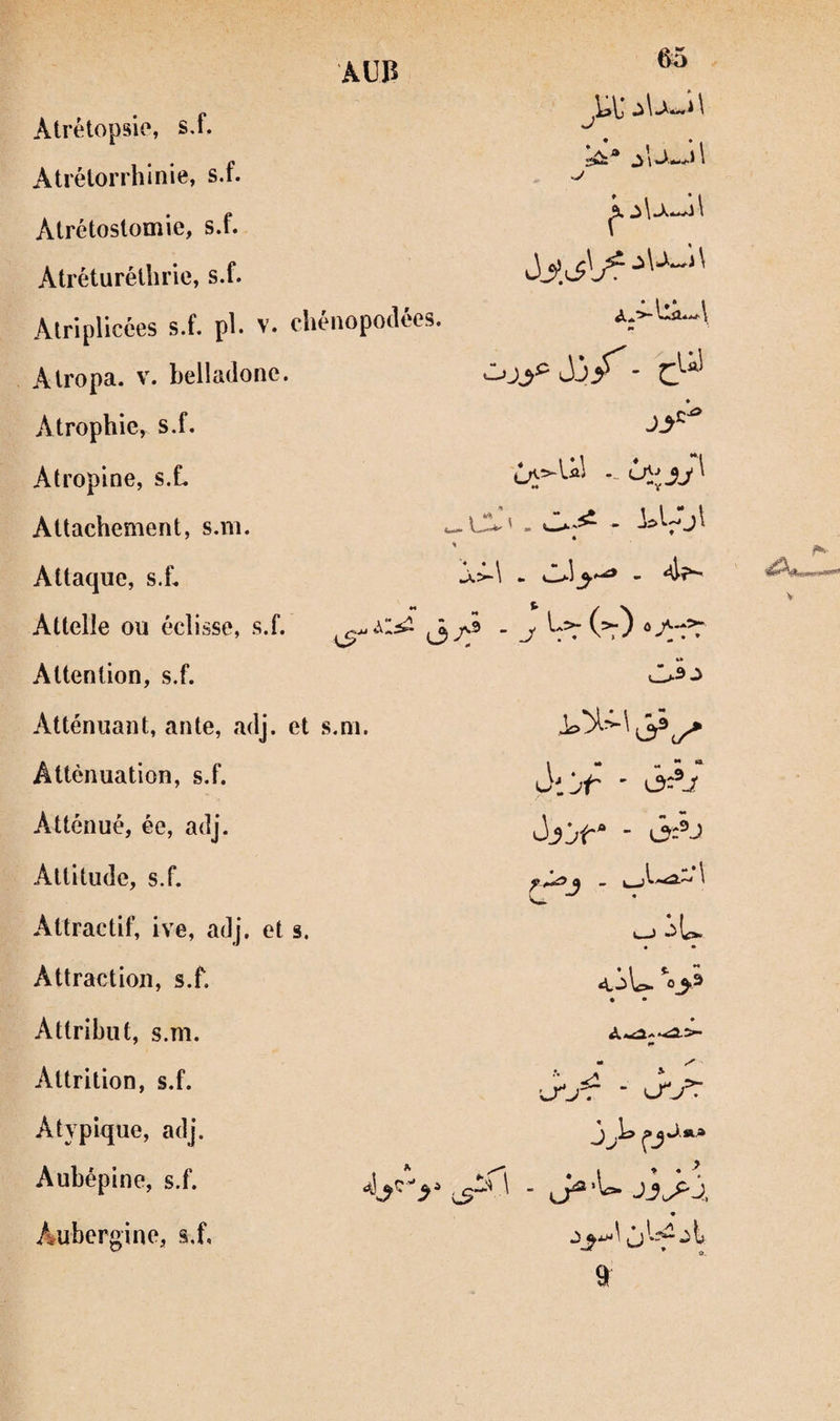 AÜB Atrétopsie, s,f. Atrélorrhinie, s.f. Atrétostomie, s.f. Atréturétlirie, s.f. 65 Ul' ôy.^s'^Jr Alriplicces s.f. pl. v. chéiiopodées. Alropa. V. belladone. M Atrophie, s.f. Atropine, s.L Attachement, s.m. Attaque, s.f. Attelle ou éclisse, s.f. H J.>~\ .. - '4?*' (’r) “.A-’r Attention, s.f. 4» Atténuant, ante, adj. et s.m. Atténuation, s.f. Atténué, ée, adj. ôijf' ' Attitude, s.f. Attractif, ive, adj, et s. Attraction, s.f. Attribut, s.m. Attrition, s.f. Atypique, adj. Aubépine, s.f. Aubergine, si. 9 4 - 'w C-J • • «tiU. % • <1 jP ►'^1 • I ♦ • ^ 1 - 9