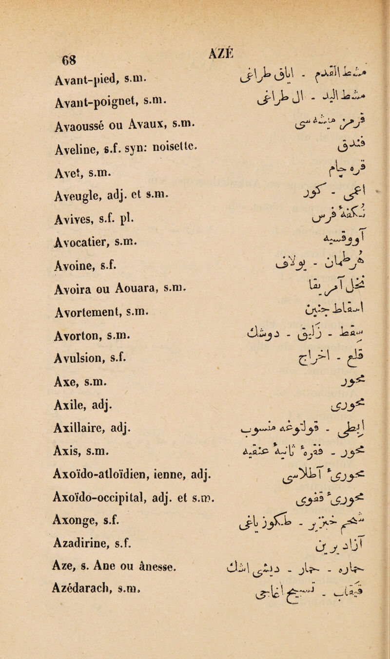 ÂZÉ Avant-pied, s.m. Avant-poignet, s.ni. Avaoussé ou Avaux, s.ni. y Aveline, s.f. syn: noisette. Avet, s.m. Aveugle, adj. et s.m. • Avives, s.f. pî. * Avocatier, s.m. Avoine, s.f. Avoir a ou Aouara, s.m. Avortement, s.m. Avorton, s.m. Avulsion, s.f. - cl® Axe, s.m. Axile, adj. Axillaire, adj. - (j^i! Axis, s.m. , • 1 •'■ s. • • ^ Axoïdo-atloïdien, ienne, adj. Axoïdo-occipital, adj. et s.n?. Axonge, s.f. •ft ** l Azadirine, s.f. ù J Aze, s. Ane ou ânesse. 1 ^ ^ ” .J Azédarach, s.m*