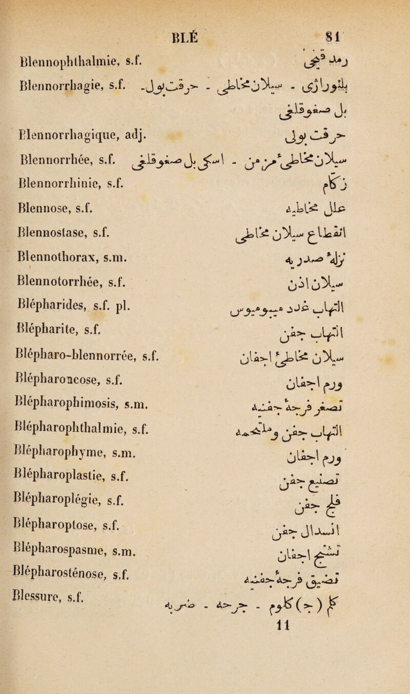 Blennophthalmie, s.f. Blennorrhagie, s.f. - J. Elennorrhagique, adj. Blennorrhée, s.f. Blennorrhinie, s.f. Blennose, s.f. Jip Blennoslase, s.f. Blennotliorax, s.m. » Ai ^jy •f ^ Blennotorrhée, s.f. vj j \ Blépharides, s.f. pl. Blépharite, s.f. Blépharo-blennorrée, s.f. Blépharoicose, s.f. ^jU=7\ Blépharophimosis, s.m. » *• • . ~ a>- ,9 ^ • «w/ V Blépharophthalmie, s.f. ^A>~ Blépharophyme, s.m. J[^\ ^Jj Blépharoplastie, s.f. Blépîiaroplégie, s.f. Blépharoptose, s.f. Blépharospasme, s.m. ù'-»=r' ^ Blépharosténose, s.f. . * ^ * « . * <^>-^9 y Blessure, s.f, A} <0 11