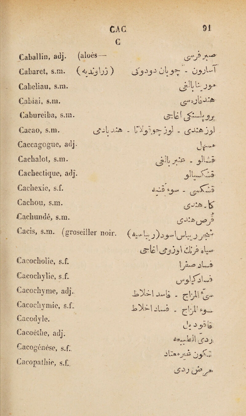 CAC G 91 Cabaîliiî, adj. (aioès — « Cabaret, s.m. >1 Cabeliau, s.ra. J.JLb-J_,.- Cabiai, s.m. 1’ i J b ■ Caburelba, s.m. Cacao, s.m. # Caccagogue, adj. Caclialot, s.m. Cacbectique, adj. ]\ •• ^ A ^ ^ * Cachexie, s.f. - . Caclion, s.m. Caciîimdé, s.m. CacES, s.m. (groseilier noir. ( L J ) jX Cacocliolie, s.f. Cacocliylle, s,f. Cacochyme, adj.. Cacochymie, s.f.. Cilw.3 _ ' Cacodyle. cJl b' Cacoèthe, adi. t ! 1 ^ t ^ toi Cacogénése, s.f.. ! “ \ . C' •• ^ \..® j ^■■.J ; CacopaLhic, s.£. «.» . . #