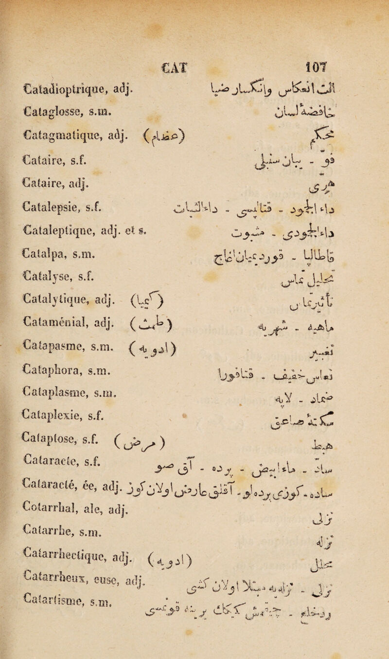 lJUl 1,-4» jl J \ 4,^1 J,L-jL . j3 •m ^ ■» ^^n#.A L*3 o ^\3 »__j^'*»-* - '^13 - yü^is (VsO U' J ,1^. Uju t ^ \ CAT Catadîoptiîque, adj. Catagîosse, s.m. Catagmatique, adj Cataire, s.f. Cataire, ad]. Catalepsie, s.f. Catalepliqne, adj. et s Catalpa, s.m. Catalyse, s.f. Catalytique, adj. Cataménial, adj. Caiapasme, s.m, Cataphora, s.m. Cataplasme, s.m. Calaplexie, s.f. Cafaplose, s.f. ( ^ y Cataracte, s.f. , ^ O - 0-^ y - , ! Catâracté, ée, adi. \ «.f-.V^l % J “i;;T i • . Cotarrbal, ale, adj. Catarrhe, s.m, Catarrhectique, adj. Catarrocus, cuse, adj. ■< ■,v Catartisme, s.iii, %b .aSiI f- <.V - T « «sW^ -W ^ ” 0 ,i V — ViSî i t cjj’ *' 5 >- 1 * ■i l. ,, _
