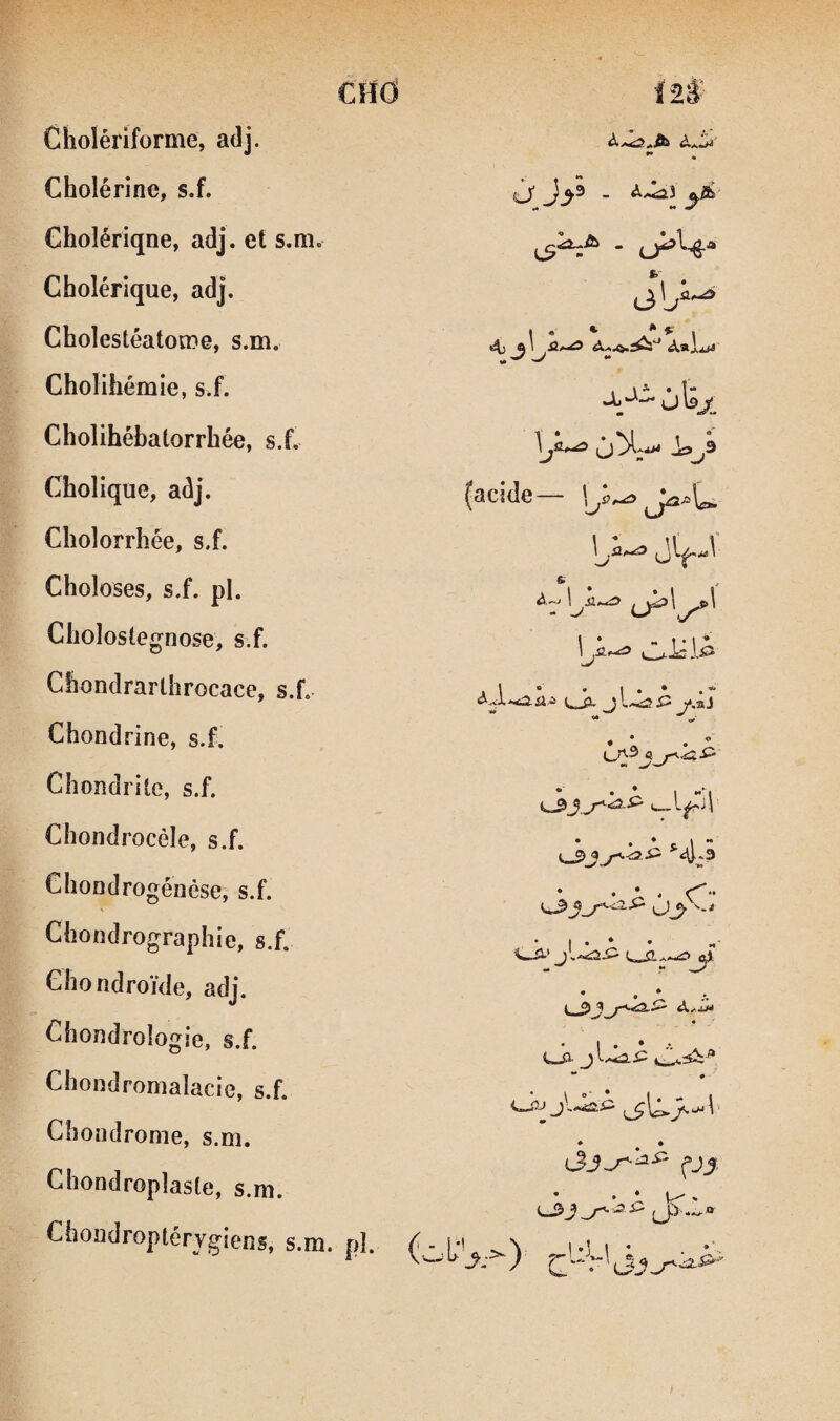 CHO Cholériforme, adj. Cholérine, s.f. Gholériqne, adj. et s.m. Cholérique, adj. Cholestéatome, s.m. Cholihémie, s.f. Cholihébatorrhée, s.f. Cholique, adj. Cholorrhée, s.f. Choloses, s.f. pl. Cholostegnose, s.f. Chondrartlirocace, s.f. Chond ri ne, s.f. Chondrile, s.f. Chondrocèle, s.f. Chondrogénése, s.f. Chondrographie, s.f. Chondroïde, adj. Chondrologie, s.f. Chondromalacie, s.f. Chondrome, s.m. Ghondroplasle, s.m. Choüdroptérygiens, s.m. pl. J • v J-M y (acide— 6 i. .Ig^T .1 * • 1 • * J y.aj I— i—ü’^ «• ?* * . * ** ♦ » ♦ * • t. .