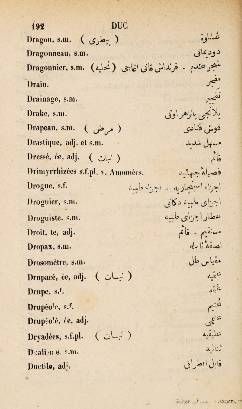 Dragon, s.m. ( ) Dragonneau, s.m. Dragonnier, s.m. jîlS Drain. J. y' Drainage, s.m. «• » Drake, s.m. Drapeau, s.m. ( ) Drastique, adj. et s.m. »« Dressé, ée, adj. ( ^U* ) Drimyrrhizées s.f.pl v. Amomées. tî ^ l * Drogue, s.f. * * Droguier, s.m. Droguiste, s.m. àyjh Droit, le, adj. 1 *• »* V3 “ Dropax, s.m. Drosoraètre, s.iUi Drupacé, ée, adj. ( ) \ m Drupe, s.**. DrupéoV, s/. y Drupéo^.é, ('e, adj. .c“^ Dryadées, s.f.pl. ( ) t-i * Dr.aliuî e, A J v>w Ductile^ adj* ô'v^’'J.'*®