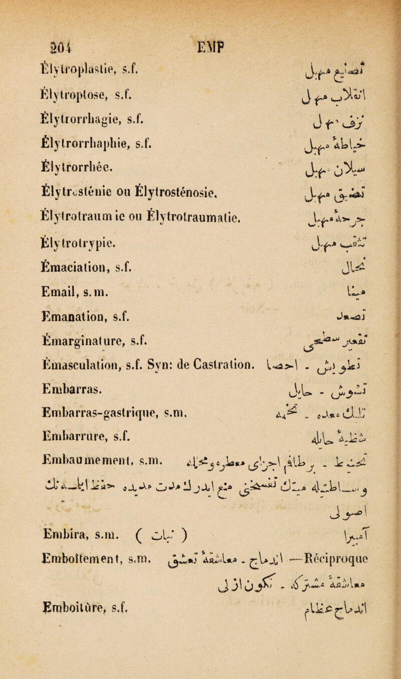 Èlylropla<ïlie, s.f. Élvtroplose, s.f. J f ^ ^ Élyirorrbagie, s.f. ôt' Élytrorrhaphie, si. Éivtrorrhée. Élytrosténie ou Élytrosténosie. \ * w:f** Élytrotraumic ou Élytrolraumatie, w. r -J » Élytrotrypie. \ Émaciation, s.f. Email, s.in. IL-a «• Emanation, si. U Émarginature, s.f. Emasculation, s.f. Svn: de Castration. Embarras. \ 1 ^ ^ r Embarras-gastrique, s.ni. t ** Embarrure, s.f. Emliaumcment, s.m. .'.rsiseW,, Z-ilL , . ^ ^ J ^ J . \ J^ Enibira, s.ra. ( oU ) Emboîtement^ s.bi. ,3^*1 —Réciproque m.» psLÜ.^ r Eraboitùre, s,f.