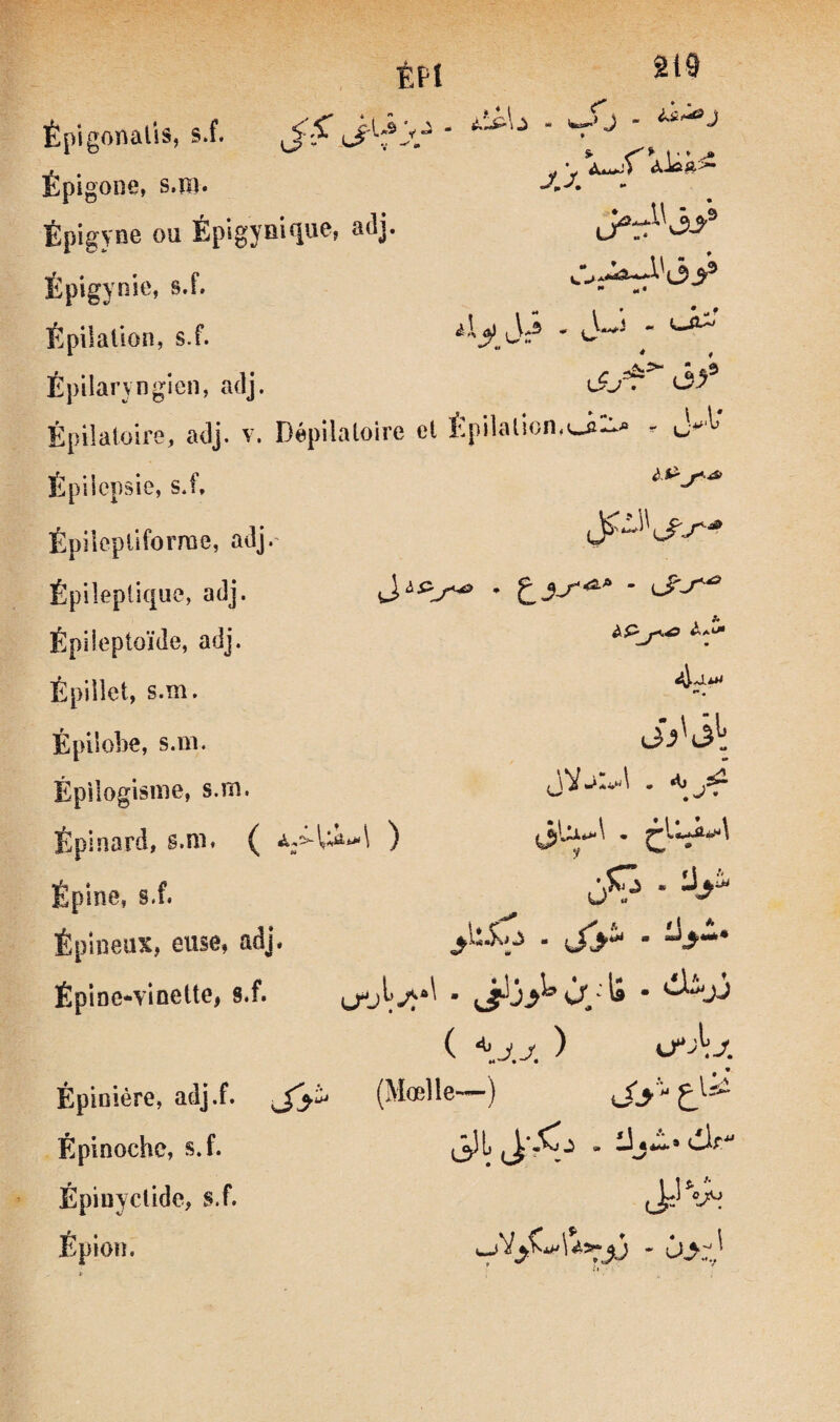 Épigonaüs, si. Épigone, s.u)» Épigyne ou ÉpigyBique, adj. Épigynie, s.f. Épilation, si. Épilaryngien, adj. Épilaloire, adj. v. Dépilatoire et JJ. » •* m* 'I^ Épilation,^ Épilepsie, si. Épileptiforme, adj.’ Épileptique, adj. Épileptoïde, adj. Épillet, s.m. Épilobe, s.m. Épllogisme, s.m. Épinard, s.m, ( Épine, s.f. Épineux, eiise, adj, ÉplDe-Yloette, s.f. , A Épinière, adj.f. Épinoche, s.f. Épiuyetide, s.f. Épioîi. ( <>jj ) •4*^ • • (Mœlle—)