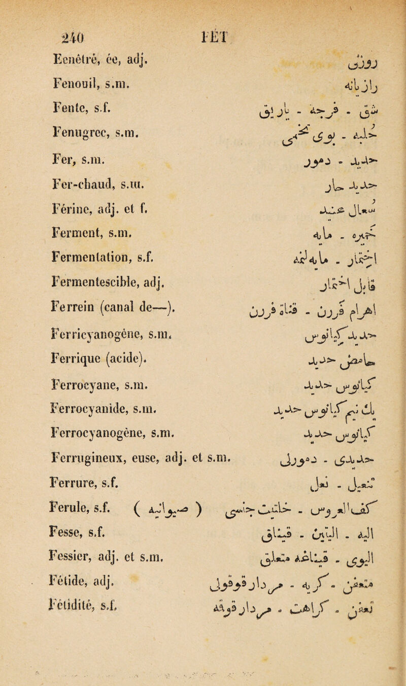 m lET Eeiiêtré, ée, adj. Jjjj Fenouil, s.ni. «l'I j!J Fente, s.f. - 6^ Feniigrec, s.ni. ■-d 1 •’ 6y^ Fer, s.m. Fer-chaud, s.ui. «A) Férine, adj. et f. J Ferment, s.m. Aj\a ^ *• O Fermentation, s.f. 9» ^ Fermentescible, adj. Ferrein (canal de~~). JJy . jj^9 ^ Ferricyanogéne, s.ni, ^ iXt Ferrique (acide). Ferrocyane, s.m. ‘1 c** tai; faX> ^JAJ^ Ferrocyanide, s.m. ■A Ferrocyanogène, s.m. a J..- Ferrugineux, euse, adj. et s.m, «4 Ferrure, s.f. J*j . j,.ûr Ferule, s.f. ( ) vJl.üU- . Fesse, s.f. - (Inull . aJI Fessier, adj. et s.m. AjCil.uAÔ . Fétide, adj. «♦ M . ^ Fétidité, s.f. Àajijb^ . w4)\^r „