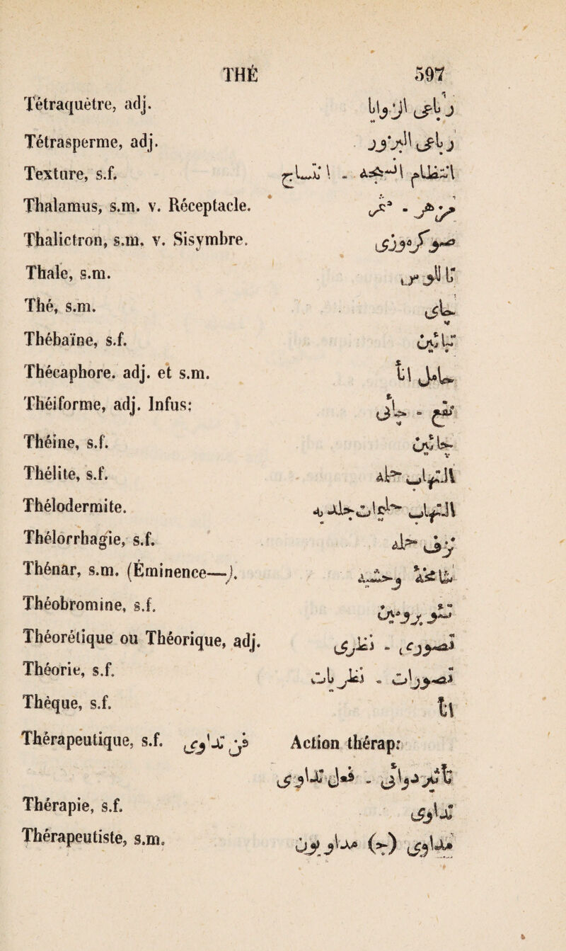 THÉ 59T Tétraquètre, acij. Tétrasperme, adj. Texture, s.f. Thalamus, s.m. v. Réceptacle. Thalictron, s.m, v. Sisvmbre. isjjvy° Thaïe, s.m. Thé, s.m. V Thébaïne, s.f. ♦ ^ 1 ** w •• • Thécaphore. adj. et s.m. Tlîéiforme, adj. Infus: ^ Théine, s.f. » V Thélite, s.f. Thélodermite. Thélôrrhagie, s.f. Thénar, s.m, (Éminence—J, ÀiîU,' Théobromine, s.f. ♦ » “ Théorélîque ou Théorique, adj. Théorie, s.f. wljt .ici * Thèque, s.f. h Thérapeutique, s.f. Action tbérap: Thérapie, s.f. (4,U' Thérapeutiste, s.m. (>:)