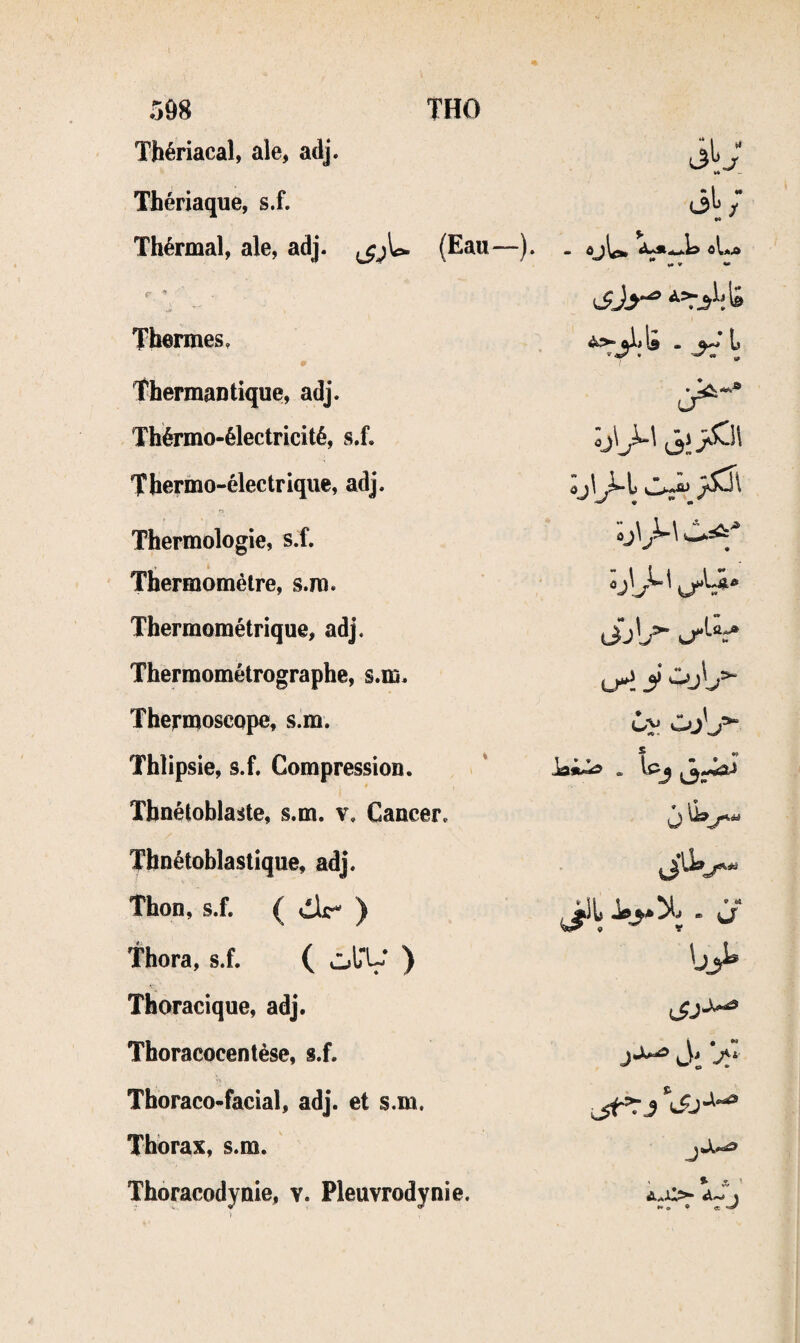 Thériacal, ale, adj. ♦4 - Thériaque, s.f. «» Thérmal, ale, adj. (Eau— Thennes, 0 Id • ^ L Thermautique, adj. Thérmo-électricité, s.f. Thermo-électrique, adj. ôjl Thermologie, s.f. t 1 Thermomètre, s.m. U'^* Thermométrique, adj. Thermométrographe, s.m. crî Thermoscope, s.m. ^y. Thlipsie, s.f. Compression. Jiai^ , Ipj Thnétoblaste, s.m. v. Cancer. Thnétoblastique, adj. Thon, s.f. ( ) . Cf fhora, s.f. ( olV ) \jj^ Thoracique, adj. ^SJ■^ Thoracocentèse, s.f. Jl > Thoraco-facial, adj. et s.m. Thorax, s.m. Thoracodynie, v. Pleuvrodynie. •• ® ♦ « ^ 1