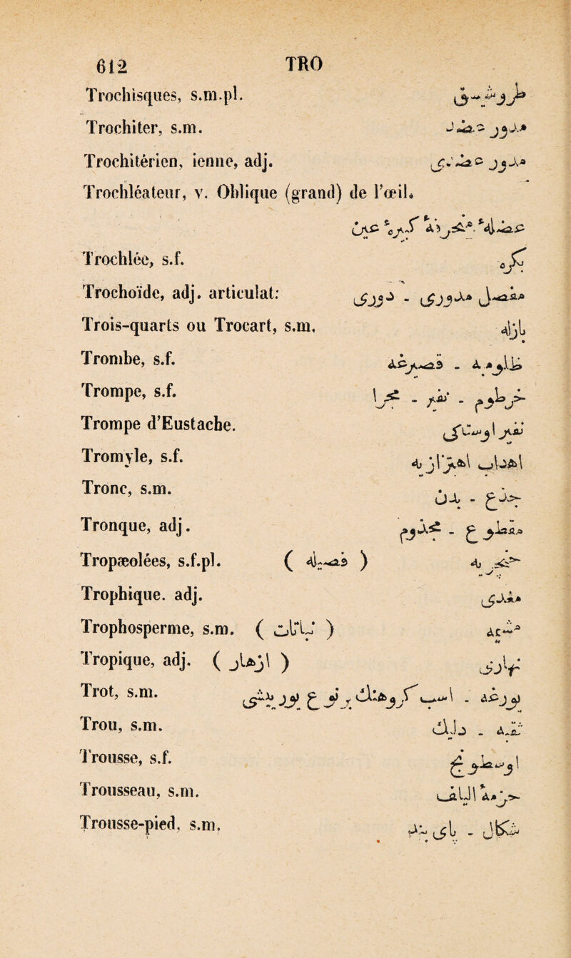 Trochisques, s.ni.pL Trochiter, s.m. Trochltérien, ieniie, adj. Trochléateiir, v. Oblique (grand) de Toeil^ Trochlée, s.f. Trochoïdc, adj. articulât: Trois-quarts ou Trocart, s.m. Trombe, s.f. Trompe, s.f. Trompe d’Eustache. Tromyle, s.f. Tronc, s.m. Tronque, adj. Tropæolées, s.f.pl. Trophique, adj. Trophosperme, s.m. ( olTL* ) Tropique, adj. ( jUj\ ) Trot, s.m. V*-' ■ 4!jl - ff' - «* . • {JX - ( 4;-.aS ) j^st . Ai ^ .. ÀC- H S^ir Trou, s.m. lYousse, s.f. Trousseau, s.m. Trousse-pied, s.m. dij J _ it ” (3