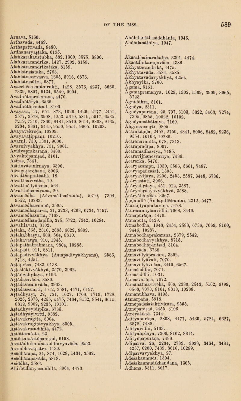 Arnava, 5160. Arthavada, 4469. Arthapattrvada, 8480. Ardhanaryastaka, 6195. Alankarakaustubha, 582, 1300, 3575, 8806. Alankaracandrika, 1427, 2902, 8158. Alankaracandrikatlka, 8159. Alankarasataka, 2763. Alankarasarvasva, 1605, 5916, 6876. Alankarasutra, 6877. Avacchedakatanirukti, 1428, 3576, 4237, 5660, 7339, 8807, 9134, 9549, 9904. Avadhutaprakarana, 4470. Avadhutarya, 6566. Avadhutopanisad, 3100. Avayava, 17, *651, 873, 1026, 1429, 2177,2451, 3577, 3578, 3908, 4253, 5610. 5819, 5917, 6535, 7219, 7340, 7860, 8481, 8540, 8614, 8808, 9135, 9284, 9381, 9445,9550, 9551, 9905, 10208. Avayavakroda, 10209. Avayavatippani, 10210. Avarni, 730, 1301, 9000. Avarni vyakhya, 731, 9001. Avidyaprakarana, 3480. Avyaktopanisad, 3101. Asiras, 7341. Asitinyasanirnaya, 3390. Asvagajarohana, 8003. As v atthapratistha, 18. Asvatthavivaha, 19. Asvatthodyapana, 564. Asvatthopanayana, 20. Asvamedha (Asvamedhasrauta), 5310, 7304, 9552, 10283. Asvamedhacampu, 2585. Asvamedhaparva, 21, 2233, 4263, 6734, 7497. Asvamedhasutra, 7168. Asvamgdhandapille, 375, 5722, 7342, 10284. Asvalllavatl, 3102. Astaka, 565, 2310, 2685, 6022, 8809. Astakabhasya, 503, 504, 8810. Astakavarga, 910, 1945. Astapathabrahmana, 9804, 10285. Astapadl, 911, 88il. Astapadlvyakhya (Astapadlvyakbyana), 2586, 2713,4254. Astaprasa, 7483, 9138. Astasloki vyakhya, 3579, 3962. Astangahrdaya, 6196. Astadasavada, 3580. Asladasasamvada, 3963. Asiadasasmrti, 1512, 3581, 4471, 6197. Astadhyayi, 22, 721, 1027, 1708, 1719, 1728. 2025, 2378, 4255, 5475, 7484, 8132, 8541, 8615' 8812, 9002, 9235, 10101. Astadbyayidipika, 6735. Asiadhyaylvrtti, 9382. Astavakraglta, 8004. Astavakragitavyakhya, 8005. Astavakrasamhita, 4472. Astottarasata, 23. Astottarasatopanisad, 6198. A sattadbikaranasaddravyavada, 9553. Asambbavapatra, 1430. Asadbarana, 24, 874, 1028, 1431, 3582. Asadbaranavada, 5818. Asiddha, 3583. Abirbudbnyasamhita, 3964, 4473. Abobilanatbasiddhanta, 1946. Ahobilanatblya, 1947. Akasabbairavakalpa, 3391, 4474. Akasadhikaranavada, 4386. Akbyatacandrika, 4475. Akbyatavada, 3584, 3585. Akbyatavadavyakbya, 4256. Akbyayika, 9700. Agama, 5161. Agamapramanya, 1029, 1302, 1569, 3909, 3965, _ 5723. Agnlddbra, 5161. Agneya, 2311. Agneyapurana, 25, 797, 3103, 3322, 3463, 7274, 7305, 9855, 10022,10102. Agneyamahatmya, 7169. Angirasasmrti, 9805. Acarakanda, 2452, 2759, 4341, 8006, 8482, 9236, 9554, 10103, 10286. Acaranavanlta, 678, 7343. Acarapradipa, 8007. Acaramadbavlya, 7485. Acaravijnanesvarlya, 7486. Acararka, 5476. Acaryacampu, 1030, 3586, 5661, 7487. Acaryapancasat, 1303. Acaryavijaya, 2206, 2453, 2587, 3448, 6736. Acaryastuti, 3966. Acaryahrdaya, 451, 912, 3587. Acaryabrdayavyakhya, 3588. Acaryabbiseka, 3967. Andapille (Andapillesrauta), 2312, 5477. Ataranlyaprakarana, 5428. Aturasannyasavidbi, 7068, 8446. Atmapurana, 4476. Atmaputa, 5429. Atmabodba, 1948, 2454, 2588, 6736, 7069, 8160, _ 9446, 10287. Atiriabodhaprakarana, 2379, 2542. Atmabodbavyakhya, 8715. Atmabodhopanisad, 3104. Atmavada, 6738. Atmavidyaprakara, 3392. Atmavidyavali, 7070. Atmavidyavilasa, 3449, 6567. Atmasuddbi, 7071. Atmasiddhi, 1031. Atmasvarupa, 7072. Atmanatmaviveka, 566, 2380, 2543, 5162, 6199, _ 6568, 7073, 8161, 8813, 10288. Atmanubbava, 3105. Atmarpana, 5918. Atmopadesasaktivicara, 9555. Atmopanisad, 2455, 3106. Atreyasiksa, 7344. Adityapurana, 2808, 4477, 5430, 5724, 6627, _ 6878, 7488. Adityavidbi, 5163. Adityabrdaya, 7306, 8162, 8814. Adityopapurana, 7488. Adiparva, 26, 2234, 2789, 3038, 3464, 3481, 4257, 6200, 7489, 8616, 10289. Adiparva vyakhya, 27. Adesakaumudl, 1304. Adesakaumudlkhandana, 1305. Adhana, 5311, 8617.