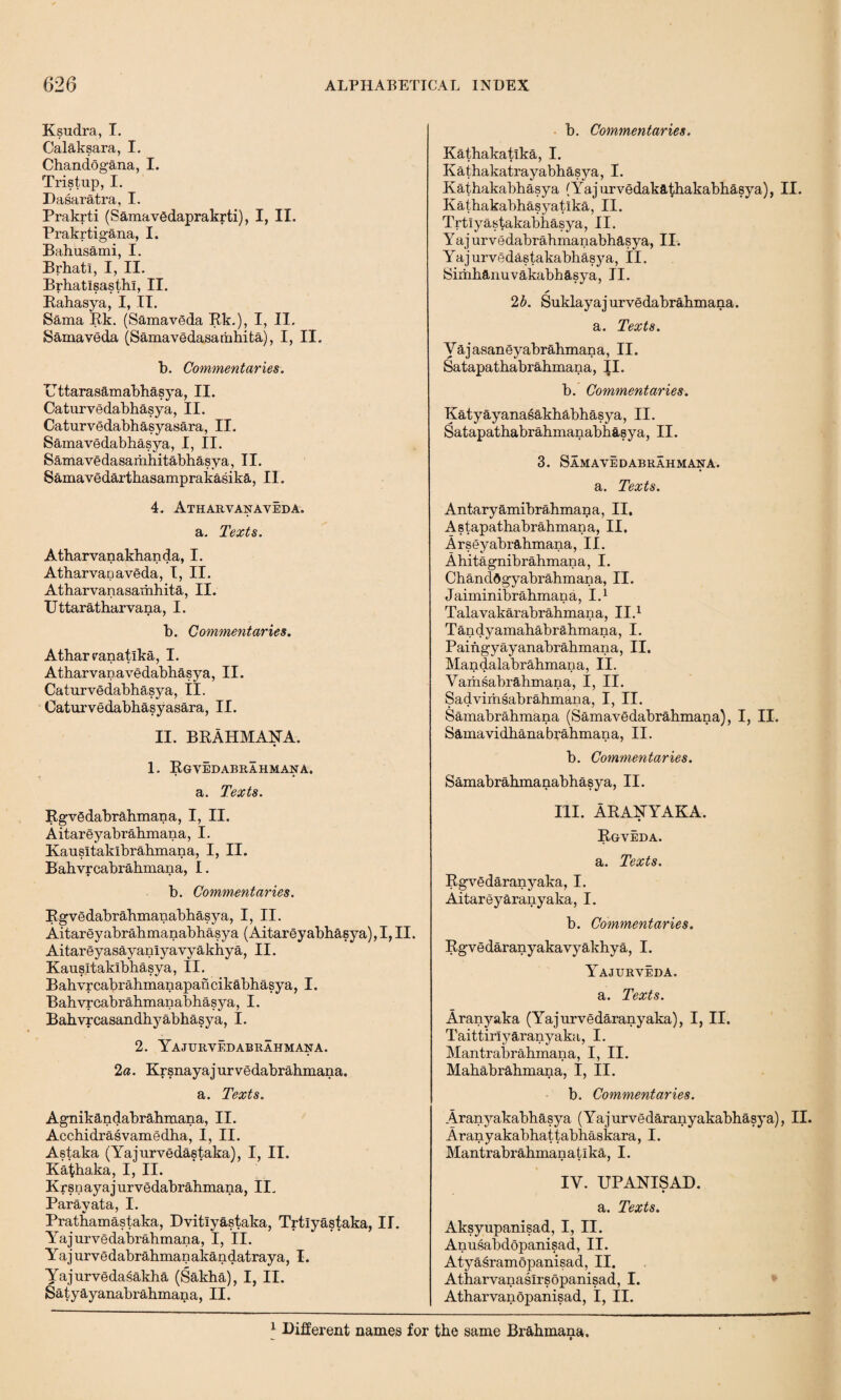 Ksudra, I. Calaksara, I. Chandogana, I. Tristup, I. Dasaratra, I. Prakrti (Samavgdaprakrti), I, II. Prakrti gana, I. Bahusami, I. Brhatl, I, II. Brhatisasthi, II. Bahasya, I, II. Sama Rk. (Samaveda Rk.), I, II. Samaveda (Samavedasamhita), I, II. b. Commentaries. Uttarasamabhasya, II. Caturvedabhasya, II. Caturvedabhasyasara, II. Samavedabhasya, I, II. Samavedasamhitabhasya, II. Samavedarthasamprakasika, II. 4. Atharvanaveda. a. Texts. Atharvanakhanda, I. Atharvanaveda, I, II. Atharvanasamhita, II. Uttaratharvana, I. b. Commentaries. Athareanatlka, I. Atharvanavedabhasya, II. Caturvedabhasya, II. Caturvedabhasyasara, II. II. brAhmaka. 1. Rgvedabrahmara. a. Texts. Rgvgdabrahmana, I, II. Aitareyabrahmana, I. Kausitaklbrahmana, I, II. Bahvrcabrahmana, I. b. Commentaries. Rgvedabrahmanabhasya, I, II. Aitareyabrahmanabhasya (Aitareyabhasya),I, II. Aitareyasayanlyavyakhya, II. Kausltaklbhasya, II. Bahvrcabrahman apart cikabhasya, I. Bahvrcabrahmanabhasya, I. Bahvrcasandhyabhasya, I. 2. Yajurvedabrahmana. 2a. Krsnayajurvedabrahmana. a. Texts. Agnikandabrahmana, II. Acchidrasvamedha, 1, II. Astaka (Yajurvedastaka), I, II. Ka^haka, I, II. Krsnayajurvedabrahmana, II. Parayata, I. Prathamastaka, Dvitiyastaka, Trtlyastaka, IT. Yajurvedabrahmana, I, II. Yajurvedabrahmanakandatraya, I. Yajurvedasakha (Sakha), I, II. Satyayanabrahmana, II. b. Commentaries. Kathakatika, I. Kathakatrayabhasya, I. Kathakabhasya (Yajurvedakathakabhasya), II. Kathakabhasyatlka, II. Trtiyastakabhasya, II. Yajurvedabrahmanabhasya, II. Yajurvedastakabhasya, II. Simhanuvakabhasya, II. * 2b. Suklayajurvedabrahmana. a. Texts. yajasaneyabrahmana, II. Satapathabrahmana, II. b. Commentaries. Katyayanasakhabhasya, II. Satapathabrahmanabhasya, II. 3. Samavedabrahmana. a. Texts. Antaryamibrahmana, II. Astapathabrahmana, II. Arseyabrahmana, II. Ahitagnibrahmana, I. Chanddgyabrahrnaria, II. Jaiminibrahmana, I.1 Talavakarabrahmana, II.1 Tandyamahabrahmana, I. Paingyayanabrahmana, II. Mandalabrahmana, II. Vamsabrahmana, I, II. Sadvimsabrahmana, I, II. Samabrahmana (Samavedabrahmana), I, II. Samavidhanabrahmana, II. b. Commentaries. Samabrahmanabhasya, II. III. ARAKYAKA. Rgveda. a. Texts. Rgvedaranyaka, I. Aitareyaranyaka, I. b. Commentaries. Rgvedaranyakavyakhya, I. Yajurveda. a. Texts. Aranyaka (Yajurvedaranyaka), I, II. Taittirlyaranyaka, I. Mantrabrahmana, I, II. Mahabrahmana, I, II. b. Commentaries. Aranyakabhasya (Yajurvedaranyakabhasya), II. Aranyakabhattabhaskara, I. Mantrabrahmanatlka, I. IV. UPANISAD. a. Texts. Aksyupanisad, I, II. Anusabdopanisad, II. Atyasramopanisad, II. Atharvanaslrsopanisad, I. Atharvanopanisad, I, II. 1 Different names for the same Brahmana.