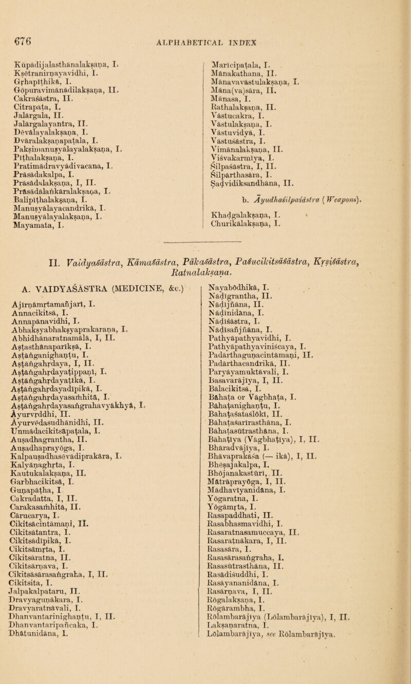 Kupadijalasthanalaksan a, L Ksetranirnayavidbi, I. Grhaplthika, I. Gopuravimanadilaksana, II.. Cakrasastra, II. Citrapata, I. Jalargala, II. Jalargalayahtra, II. Devalayalaksana, I. Dvaralaksanapatala, I. Paksiniamigyalayalaksana, I. Pithalaksana, I. Pratimadravyadivacana, I. Prasadakalpa, I. Prasadalaksana, I, II. Pr&sadalankaralaksaiia, L Balipitbalaksana, I. Manusyalayacandrika, I. Manusyalayalaksana, I, Mayamata, I. i Maricipatala, I- Manakathana, II. Manavavastulaksana, I. Mana(va)sara, II. Manasa, I. Bathalaksana, II. Vastucakra, I. Vastulaksana, I. Vastuvidya, I. Vastusastra, I. Vimanalaksana, II. Visvakarmiya, I. Silpanastra, I, II. Rilparthasara, I. Sadvidiksandliana, II. b. A yudhasiIpasastra ( Weapms). Khadgalaksana, I. Cburikalaksana, I. II. Vciidyasdstra, RamaSdstra, Pdkasastra, Pasucikitsdsastra, RrsiSdsira, Ratnalaksana. A. VAIBYASASTBA (MEDICINE^ &c.) AjlrnamrtamanjaiT, I. Annacikitsa, I. Annapanavidhi, I. Abhaksyabhaksyaprakarana, I Abhidhanaratnamala, I) II. Astasthanaparlksa, I. Astanganighantu, I. Astafigahrdaya, I, II. AstangabrdayatippanI, I. Astangahrdayatika, I. Astafigahrdayadlpika, I. Astangahrdayasamhita, I. Astangahrdayasangrahavyakhya, 1, Ayurvrddhi, II. Ayurvedasudhanidbi, II. Unmadacikiteapatala, I. Ausadhagrantha, II. Ansadhaprayoga, I. Kaipausadhasevadiprakara, L Kalyanaghrta, I. Kautukalaksana, II. Garbhacikitsa, I. Gunapatha, I Cakradatta, I, II. Carakasamhita, II. Carucarya, I. Cikitsacintamani, II. Cikitsatantra, I. Cikitsadlpika, I. Cikitsdmrta, I. Cikitsaratna, II. Cikitsarnava, I. Cikitsasarasangraha, I, II. Cikitsita, I. Jalpakalpataru, II. Dravyagunakara, I. Dravyaratnavali, I. Dhanvantarinighantii, I, II. Dhanvantaripancaka, I. Bhatunidana, I. Nayabodbika* I. Nadigrantha, II, Nadijnana, II. Nadinidana, I. Nadisastra, I, Nadlsafijnana, I. Pathyapathyavidhi, I. Pathyapathyaviniscaya, I, Padartbagunacintamani, II, Padartbacandrika, II, Paryayam uktavali, I. Basavarajlya, I, II. Balacikitsa, I, Babata or Vagbhata, I. Bahatanigbantu, I. Bahatasataslokl, II, Bahatasarirasthana, I. Bahatasutrasthana, I. Bahatlya (Vagbhatiya), I, II, Bharadvajiya, I, Bbavaprakasa (— ika), I, II, Bhesajakalpa, I. Bhojanakastbrl,. II. Matraprayoga, I, II, Madhavlyanidana, I. Yogaratna, I. Yogamrta, I. Basapaddhati, II. Basabhasmavidhi, I. Basaratnasamuccaya, II, Basaratnakara, I, II. Basasara, I. Basasarasangraha, I. Basasutrasthana, II. Basadisuddhi, I. Basayananidana, I. Basarnava, I, II. Bogalaksaaa, I. Bogarambha, I. Bolambarajiya (Lolambarajiya), I, II. Laksanaratna, I. Lolambara j I ya. see B olambaraj Ira.