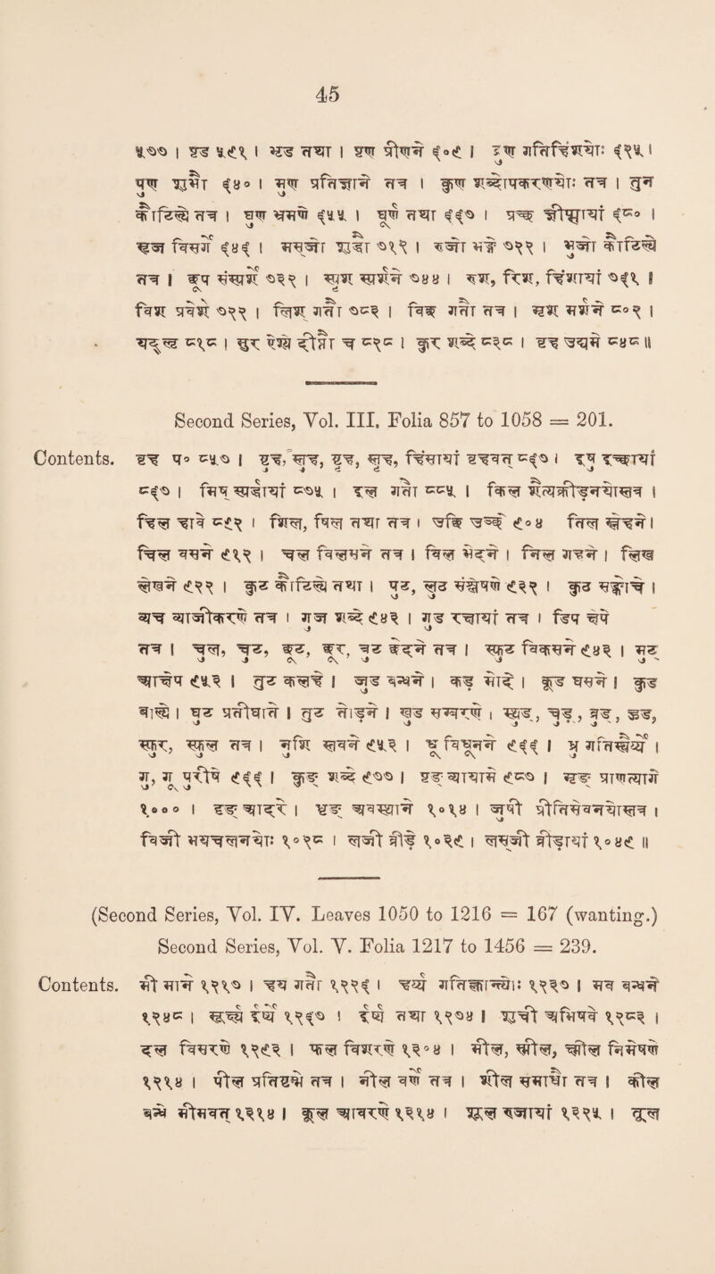 H'S'S | ^ '1<L\ I *F3 <TW I ^ So<t I 3]ffTf¥^T* W 1 ' vj qVT ^8 o I yfciW^ <T^ I fW T^TWf^r: «T^F I fpr ^\fz% 7i^ i 'ejttt «£yy i mr cf^jT i ^ ^p^f <«» l fWf ^8^i ^wr y^r 'H5^ i *fip i lrrf«€i l wq wic i wi 'syy i Lcsr, f^n^T i ci •v \ °*S ^ ^ q^yr 'O^ I JiffT oc:^ i fqw JT^T <T^ I ^ i ^T%XS I ^ TO ^ l <|K ^ I ^ 11 Second Series, Yol. Ill, Folia 857 to 1058 — 201. Contents. ^ q* I fw?lt I ^ T^TOT | feq ^T^t ^y i t^t arm ^y I 1w i ff^r ^Tq ^ i f^^r, fw cr^r <rq i ^1% €° a f<r<q I f%*r <£^ i w fq^w wq i f%^r i ars^r i f%?a <£^ | rf^T I J3} *T3 <£^ I ^ WI% I ^ qjTWfanC^ <T^ I ?TW ^ Ct8^ I ?r^ TOT^f ?r^ I fi?q ^q ■J Vi rpr I W^, WT, ^ Tfq- I W* <£.8^ ! W <ty^ I 1 «T5 I ^ | j fT§ sn^i i w snfNm i n& i ^ ^^ J ^ ♦ vj J W s» *'7 J N ? ' mx, rix i ^rfix <cy^ i ^ fa^^r I ^ siml^ i 3T, 3T qvt^ I ff^ 1 J ^ qTqrHJTJT loao i ^ ^»\8 i $ftf?nN*r%^n vr^^rir^T: ^® ^ I f!f ^o^| <jfWt ftfT^t \oa(t || (Second Series, Yol. IY. Leaves 1050 to 1216 = 167 (wanting.) Second Series, Yol. Y. Folia 1217 to 1456 = 239. Contents. ^ l ^ 1 ^ 1 ^ | i to i l f^TO l ^ \^°a i irt^r, wt^r, ftWi WXs \ ql^f ym^i ^ I I witr ?r^ i *& l i ^^^y i g^f