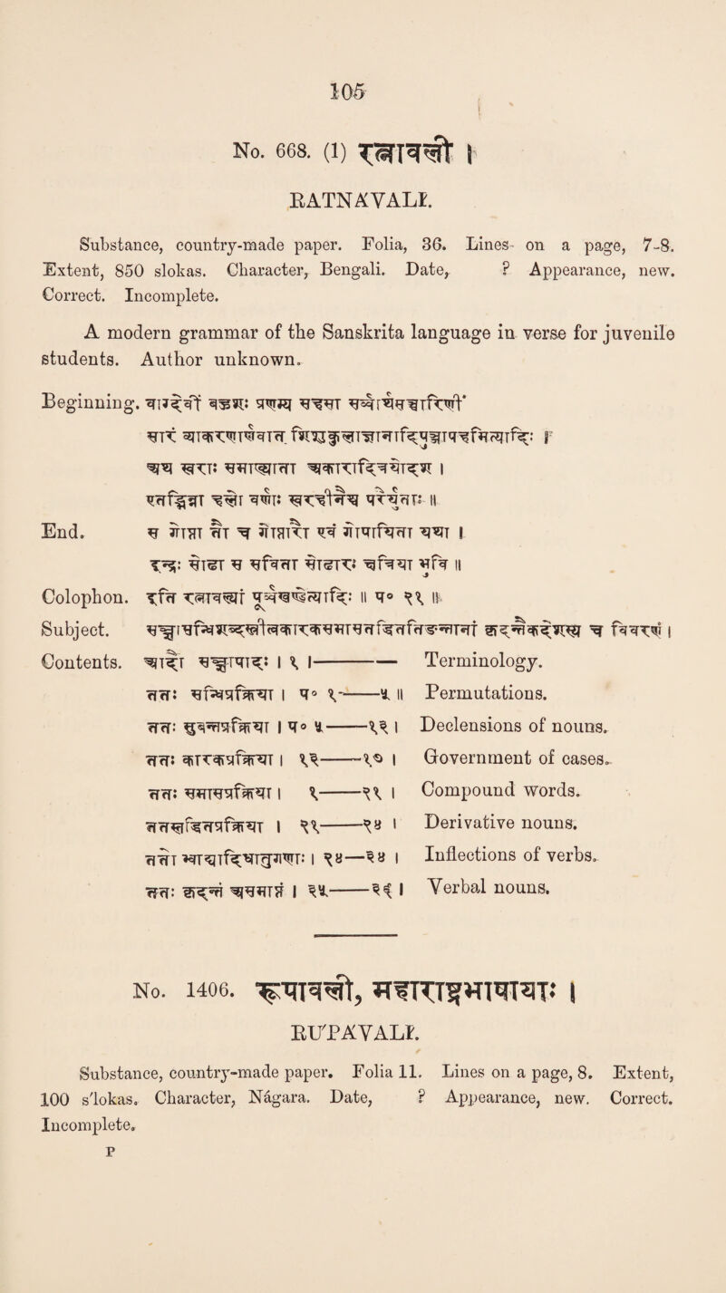 i No. 668. (1) I RATNAYALE. Substance, country-made paper. Folia, 36. Lines- on a page, 7-8. Extent, 850 slokas. Character, Bengali. Date, P Appearance, new. Correct. Incomplete. A modern grammar of the Sanskrita language in verse for juvenile students. Author unknown. Beginning. m ^T^TcTT I End. Colophon. Subject. Contents. Vcrf^sTT ^§T II ^ 3TTTU ^ JTTm^T ^ JlTUTfw W I ^ ^farTT Vff% || s5 xfrf II *T° It •U I Terminology. Permutations. Declensions of nouns. Government of cases.. Compound words. Derivative nouns. ?JWT l ^a—3 a I Inflections of verbs. rf?r: I ^M I Verbal nouns. I 1 I- cr?r: I <D V rTct: I * — cfrT* ^IT^fsTST | ^— rTrr: I ^- ITrT^f^^f^^T I ^Y '!*> I ■u i -^a i No. 1406. RU'PAYALE. Substance, country-made paper. Folia 11. Lines on a page, 8. Extent, 100 slokas. Character, Nagara. Date, ? Appearance, new. Correct. Incomplete. p