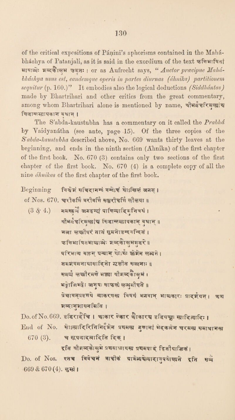 of the critical expositions of Panini’s aphorisms contained in the Maha- bhashya of Patanjali, as it is said in the exordium of the text ^*pr: i or as Aufrecht says, “ Auctor prcvcipue Malia- bhdshya usus est, eandemque operis in partes diurnas (dhnika) partitionem seqnitur (p. 160.) ” It embodies also the logical deductions (Siddhdntas) made by Bhartrihari and other critics from the great commentary, among whom Bhartrihari alone is mentioned by name, * ^ The S'abcla-kaustubha has a commentary on it called the Prabhd by Yaidyanatha (see ante, page 15). Of the three copies of the S’abda-kaustnhha described above, No. 669 wants thirty leaves at the beginning, and ends in the ninth section (Ahnika) of the first chapter of the first book. No. 670 (3) contains only two sections of the first chapter of the first book. No. 670 (4) is a complete copy of all the nine dhnikas of the first chapter of the first book. Beginning *TJrw | of Nos. 670. ii (3 8f 4.) I j  j \* \9 i TZWtcf 11 vJ Do. of No. 669. i ^\x ^mix^ i End of No. Wfim JTfRt 670 (3). ^ i %f<i svmrsiTW f^rrtaiftnfr i Do. of Nos. qidqr tBt ra 669 & 670 (4).