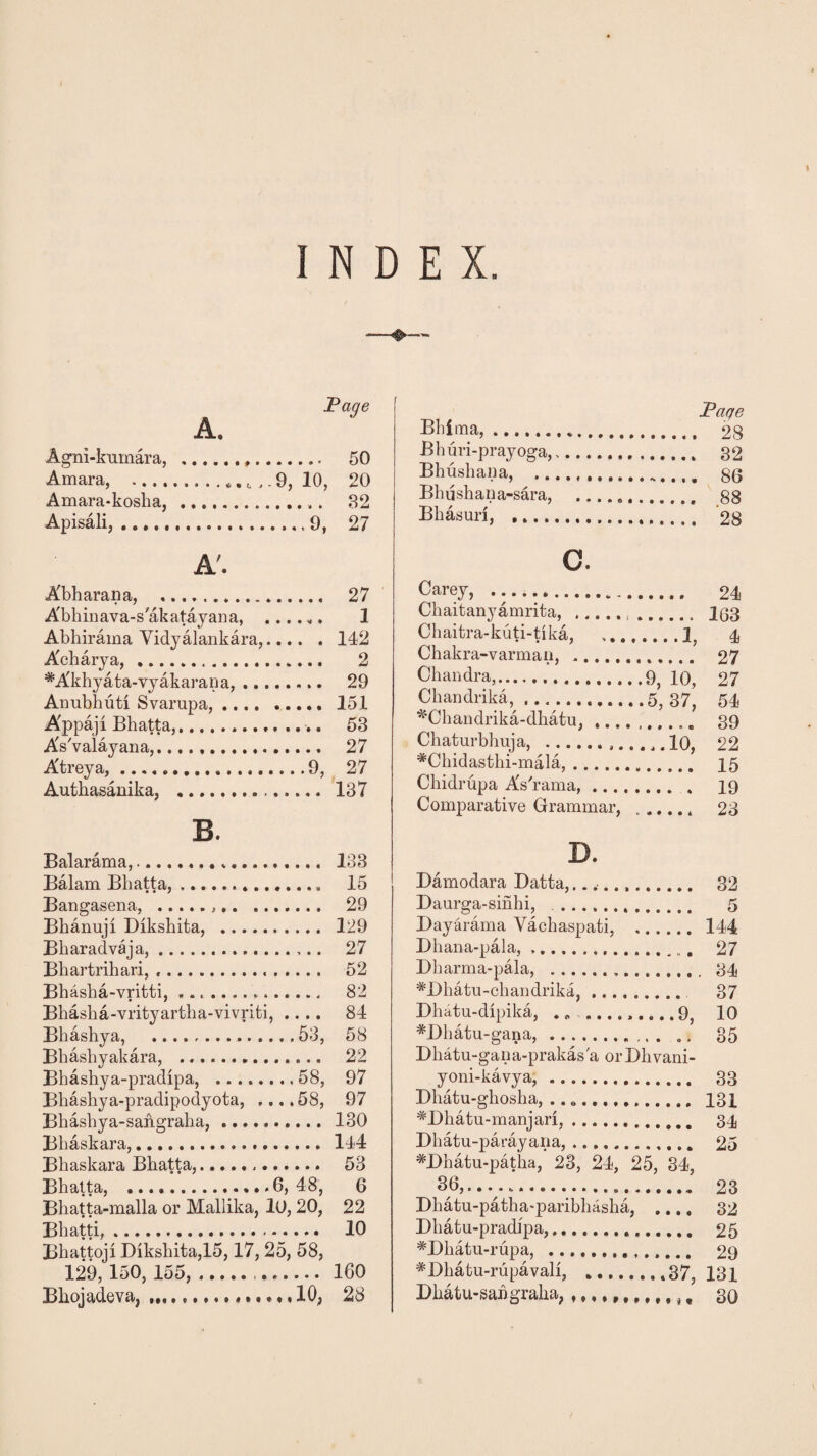 INDEX. Page Agni-ktimara, . 50 Amara, .• 9, 10, 20 Amara-kosha, .,. 32 Apisali,. 9, 27 A'. Abharaiia, ... 27 A'bhinava-s akatayana, .... „. 1 Abbirama Yidyalankara,.142 Acbarya, . 2 #Akhyata-vyakarana,. 29 Anubhuti Svarupa, .... ..... 151 A'ppaji Bhatta,. 53 A's'valayana,... 27 Atreya,.9, 27 Autbasanika, . 137 B. Balarama,. 133 Balam Bhatta,... 15 Bangasena, . 29 Bhamiji Dikshita, . 129 Bharadvaja,.,.. 27 Bhartrihari, .. 52 Bhasha-vritti, .. 82 Bhasha-vrityartha-vivriti, .... 84 Bhashya, . 53, 58 Bhashyakara, . 22 Bhashya-pradipa, .58, 97 Bhashya-pradipodyota, ,...58, 97 Bhashya-sangraha,. 130 Bbaskara,. 144 Bhaskara Bbatta,.,. 53 Bbatta, ... 6, 48, 6 Bhatta-malla or Mallika, 10,20, 22 Bbatti,. 10 Bbattoji Dikshita,15,17, 25, 58, 129, 150, 155,. 160 Bliojadeva, .. 10, 28 Bbima,.. Paqe 28 32 Bhuri-prayoga,. Bhushana, .11 f 86 Bhushana-sara, ...... Bhasuri. 88 c. Carey, .. 24 Chaitanyamrita, . 163 Chaitra-kuti-tlka, .T,, . 4 Cbakra-varman, . 27 Chandra,... 27 Chandrika,. 54 *Chandrika-dhatu, .... 39 Chaturbhuja, .. 22 #Cbidasthi-mala.. 15 Cliidrupa As'rama, .... 19 Comparative Grammar, 23 Damodara Datta,....... Daurga-sinhi, .. Dayarama Vachaspati, . Dhana-pala, ...... Dbarma-pala, .. .. #Dhatu-chandrika,. Dhatu-dipika, . *......9 #I)hatu-gana, . .. Dhatu-gana-prakas'a orDhvani- yoni-kavya,... Dhatu-ghosha, .. #Dhatu-manjari,. Dhatu-parayana, ... ^JDbatu-patba, 23, 24, 25, 34, 36....... Dhatu-patha-paribhasha, .... Dhatu-pradipa,.... #Dhatu-rupa, . #Dhatu-rupavall, .,37, Dhatu-sangraha, .... o 144 27 34 37 10 35 33 131 34 25 23 32 25 29 131 30