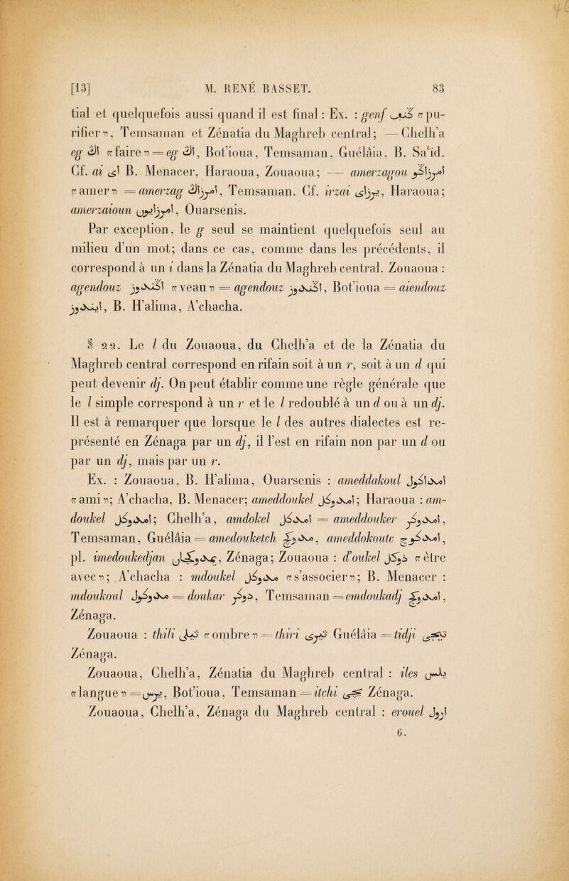 liai el quelquefois aussi quand il est final : Ex. : genrr pu¬ rifier t), Teiusanian et Zénatia du Maglirel) cenii’al ; —(dielh’a J fffairei^ = 6(/>’¿11, Bot’ioua, Temsaman, Guélâia, B. Sa'ïd. CL ai B. Menacer, Hai’aoua, Zouaoua; — amerzagou frauierT) = amerzag ^ Temsaman. Cf. irzai Haraoua; amerzaioun Ouarsenis. Par exception, le g seul se maintient quelquefois seul au milieu d’un mot; dans ce cas, comme dans les précédents, il correspond à un i dans la Zénatia du Maghreb central. Zouaoua : agendouz rr veau = agendouz Bot’ioua = aiendouz B. H’alima, A’chacha. S 2 2. Le / du Zouaoua, du Ghelh’a et de la Zénatia du Maghreb central correspond enrifain soit à un r, soit à un d qui peut devenir dj. On peut établir comme une règle générale que le l simple correspond à un r et le l redoublé à un à ou à un dj. 11 est à remarquer que lorsque le l des autres dialectes est re¬ présenté en Zénaga par un dj, il l’est en rifain non par un d ou par un dj, mais par un r. Ex. : Zouaoua, B. H’alima, Ouarsenis : ameddahoul ccamii?; A’chacha, B. Menacer; ameddonhel Haraoua :ani- doiihel Ghelh’a, amdohel = ameddouker Temsaman, Guéìsàs. = amedouketch £3*^, ameddokoutc pl. imedoukedjan Zénaga; Zouaoua : d’oiikei crètre avec 11; A’chacha : mdoukel crs’associem; B. Menacer : mdoiikoul = doiikar Temsaman Zénaga. Zouaoua : thili c ombre = i/wrf Guélâia Zénaga. Zouaoua, Ghelh’a, Zénatia du Maghreb central : iles ff langue 11 =(j^^, Bot’ioua, Temsaman ¿5^ Zénaga. Zouaoua, Chelh’a, Zénaga du Maghreb central : erouel 6.