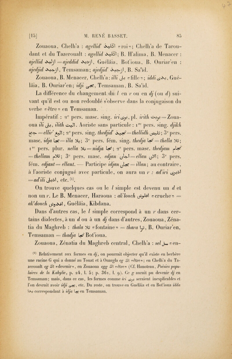 Zouaoiia, Chelh’a : aoeUid’ crroiii; (îlieJli’a de Tarou- dant et du Tazeroiialt : agellid 1?. H’aliiua, B. Menacer : ajeìlìd =ajeddid , Gueiaia, Bot’joua, B. Ouriai’ en : ajedjid Temsaman; ajedjid’ B. Sa'ïd. Zouaoiia, B. Menacer, Ghelh’a: ^7/^ Jo rfiilleoi; iVW¿c^^,Gué- laia, B. Ouriar’en; idji Temsauian, B. Sa'ïd. La différence du changement du ì en r on en dj (ou sui¬ vant qu’ii est ou non redoubié s’observe dans ia conjugaison du verbe cêtre-n en Temsaman. Impératif : ^2^ pers. mase. sing. ir it Ii <^^.y. = Zoiidi- oua ili ilith ci^î. Aoriste sans particule : pers. sing, djikh ^^=eUir supers, sing, thedjid' is^'=thellidh S'^pers. mase, idja \^. = illa 3® pers. fém. sing, thedja ^'=thella 1pers. piur. nella '^ = nidja 2® pers. mase, thedjam -=thelìam 3*^ pers. mase, ed/jan ijW^ = ellan 3^^ pers. fém. edjant^ ellant. — Participe idjan^J^.=illan\ an contraire, à l’aoriste conjugué avec particuie, on aura un r : ad’iri = ad’ili Joiî, etc. On trouve quelques cas ou le l simple est devenu un d et non un?'. Le B. Menacer, Haraoua : ak’loiwh rrcruche= ak’douch Guélâia, Kibdana. Dans d’autres cas, le l simple correspond à un r dans cer¬ tains dialectes, à un d ou k un dj dans d’autres, Zouaoua, Zéna- tia du Maghreb : thala hkj crfontaine= thara y, B. Ouriar’en, Temsaman = thadja Bot’ioua. Zouaoua, Zénatia du Maghreb central, Chelh’a : selj^^^eu- Relativement aux formes en dj, on pourrait objecter qu il existe en berbère une racine G qui a donné au Touat et à Ouargla eg ¿Ji rfátren ; en Ghelh’a du Ta- zeroualt eg ¿il ff devenir«, en Zouaoua egg ¿il ffétre« (Cf. Hanoteau, Poésies popu¬ laires de la Kahylie, p. aA, 1. 5; p. 361, 1. 9). Ce g aurait pu devenir dj en Temsaman; mais, dans ce cas, les formes comme iri (¿y?, seraient inexplicables et i’on devrait avoir idji etc. Du reste, on trouve en Guélaia et en Bot’ioua idda correspondant à idja Lsren Temsaman.