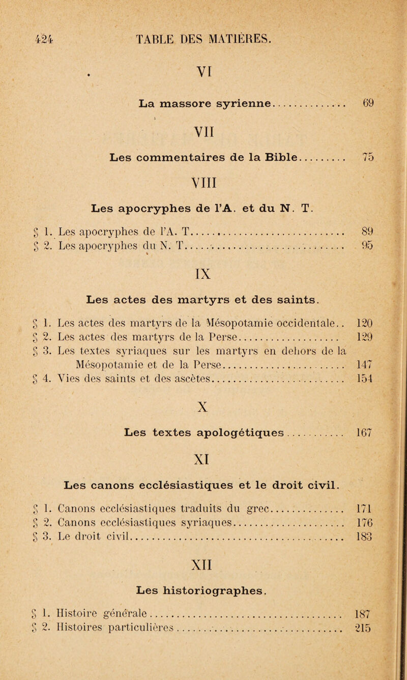 <VS C^5 CO <V5 (V5 YI La massore syrienne. 69 * VII VIII g 1. Les apocryphes de l’A. T. 89 § 2. Les apocryphes du N. T... 95 * IX Les actes des martyrs et des saints. g 1. Les actes des martyrs de la Mésopotamie occidentale.. 120 g 2. Les actes des martyrs de la Perse. 129 g 3. Les textes syriaques sur les martyrs en dehors de la Mésopotamie et de la Perse. 147 4. Vies des saints et des ascètes. 154 X Les textes apologétiques. 167 XI Les canons ecclésiastiques et le droit civil. 1. Canons ecclésiastiques traduits du grec. 171 2. Canons ecclésiastiques syriaques. 176 3. Le droit civil. 183 XII Les historiographes. 1. Histoire générale. 187 2. Histoires particulières.... 215