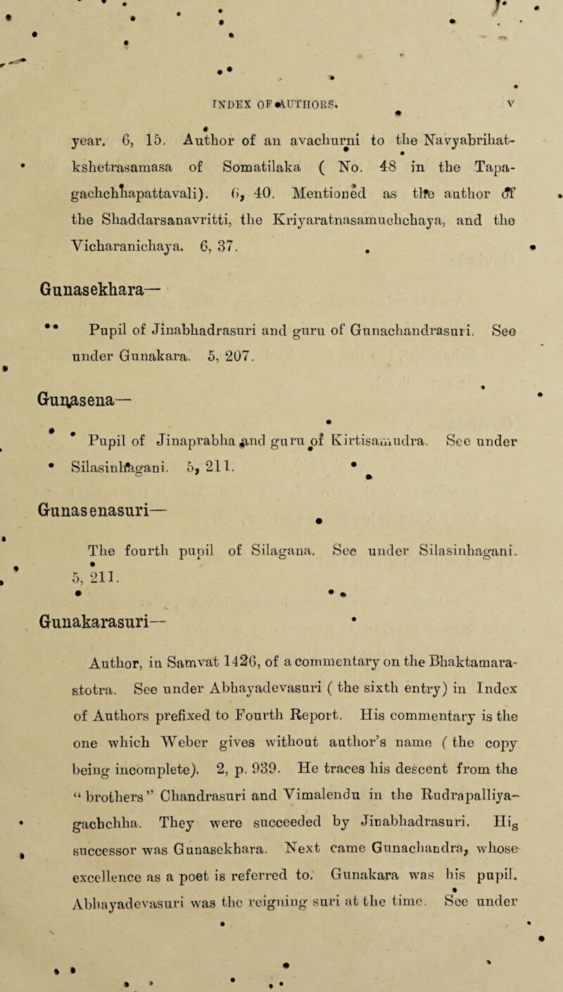 year. 6, 15. Author of an avachurni to the Navyabriliat- * • kshetrasamasa of Somatilaka ( No. 48 in the Tapa- gachchliapattavali). 6, 40. Mentioned as tlfe author (?f the Shaddarsanavritti, the Kriyaratnasamuchchaya, and the Vicharanichaya. 6, 37. . Gunasekhara— ** Pupil of Jinabhadrasuri and guru of Gunachandrasuri. See under Gunakara. 5, 207. GuRasena— Pupil of Jinaprabha#nd guru of Kirtisamudra. See under • Silasinlihgani. o, 211. • o' » Gunasenasuri— The fourth pupil of Silagana, See under Silasinhagank 5, 211. • • • Gunakarasuri— Author, in Samvat 1426, of a commentary on the Bhaktamara- stotra. See under Abhayadevasuri ( the sixth entry) in Index of Authors prefixed to Fourth Report. His commentary is the one which Weber gives without author’s name (the copy being incomplete). 2, p. 939. He traces his descent from the “brothers” Chandrasuri and Vimalendu in the Rudrapallia- gacbchha. They were succeeded by Jinabhadrasuri. His successor was Gunasekhara. Next came Gunachandra, whose excellence as a poet is referred to. Gunakara was his pupil. Abhayadevasuri was the reigning suri at the time. See under