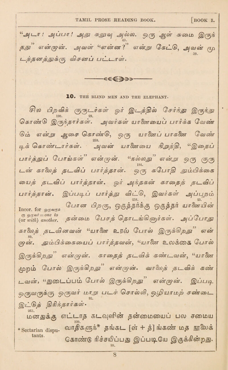 u<jijL^rr! 'jxjuurr! <3rjgu<ai] ^6060. <^0 ^srr a?65)LD @0/? 43. p&p (5T65TQYJ 65T. ^jQlI&T Ci6T65T65T ? 6T65TJ9J Q&L-®, ^ 6U <ok ^Lp 50. L_pp65T(&££]&(&) (aQ&SVrU UlLl-.[T61T. 1©. THE BLIND MEN AND THE ELEPHANT. 3=) si) i9p<sQ<E5 00L_/f«&ir <o{5/r gji—ptslGd Q&irfrjgi @0/i^y 190. 29. Gl&rsm® ^0/i^/r/f^srr. cjifGuir&srr iutSo5T65)iuu urrir<£& Qqjsmt Qld (5t(ohrjrjj ^65)<3F Q&rremQy lurcfesru urr&chsr Qsuem 259. iy_<5S 0&rr<oMTL—irir<5<orr. ^j6n<ok iurrcfe&r<smu U§j65)pu uir/fp&jju Q u ir ik <£ 6ir <6T m qp m. ur56060£d 6T65tjjj <s£0 00 184. L 65T <35rr$8dp pL^sSlu UITftppIT65T. <3£ 0 &Quir£f} J£l LD l9 & 65) & 65)iU3J 35L^<q9,LJ UirftppiT65T, <Sg/f JpJ lip <5 65T &lT65)pp pL-fiQu Lnnrpprzk. ^uuipu utntppj gQlL®, (gyjsuir&sir ^uppift 254. 25. Incor for Qutrm l9/D0, 6£(f5<3c5[T<$(g lu'irdotsr uSi m (0 <5p(ipQJfT zz OTIS to • (or with) another. ^ S37S3) ^ ^ ^TTt—iej <331 (62p IT<33 31T• cjjy /_/ \x> ljfTj3?l srckop pi—6Sl65T<su<55r “ojrcksr 2-]T6\) Quit 3d ^(TFj&Qpsjj 6T6sr 89. Qp>65T, LDlfjl3S 65) <3> 65) lU LJ LJ T ftpp 6U 65L 5 ULUT^65T 2_ 6\) c£> QD <3> QufT6d §}Q¥)&3slp££} 6T65T(Tp 65f. <5IT65)pp pi—(a£fjs 3 655TL—6V 65T, UlUfrSo3T ^LpipLO Gurr3d @0«£)pap 6T65Tqpm. 6iiirSsop pu.6Q^s <assaar / 61165T t tCc£)6£>L-ULILO QufTtSO {§) QTj<$£! p^” 6T65T(p>65T. (f^jUUtp (n>06U0<®0 ^D0S1//T Lbtrjpi UL-f Q&rT606§l, 6£L$LUfTL^p 6F653T65)l_ 92. _!_©<£ rS//?/5-0/r/f<ssrr* 263. L06ST<iJ(S(5 6Tl_l_I_rTc5 «5L-6LJ6tPotT <56ST6£>L06S)UJLJ U6D J^DLmil Sectarian dispu- 6UIT^a®fe* ^SL [dl + £] KJaaSOT LO# Ganger® r8ara:iiS'uusj @ljul$lGiu @cn)<$<£l6BTrD«£i. tants.