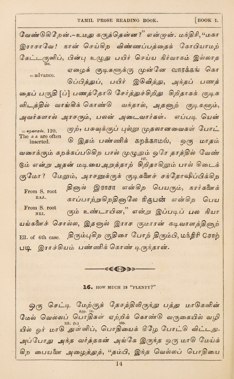 264. = advance. QsilSmGQGpsk.-^LL^ 3(7Fj<gQp<o3r5Sr'i <oT 53T (Wf 53T. LL15jS iff, U LL 3 IT ^jrr3rrG>6ii! rurr&fr Q&\uQp <sSlsm6muu<s53)p 3 Q3rriSliurrllp Q&LLt—Qlj'SlfflU', lGsJTL] P-(L£)&tf U llSl IT Q&IUIU Si IT 611 fT 3 LL ^jGsdfTp 5j53)ip3 0^_<35(«y7)c®0 (LpskQ&rr QjrTJJcfc&rEJ Q&nr (blULSlSTJglLJ, U LlSt T <s9■> ^JjlUpU U533T3T 53)p LJ UQJjjS [/-j] UESSTpQptrQ Q& ir<5tgp 3 Q/6)j£l Olp}pj33 0i£_<95 erfl L-ppIsd 6uir{E}Q<s G&trsmQ 5uSpr5d) ^p<ppp (^Lp3(ppLL) J9] 61J IT 3 63 IT 5ti ^Xjrr&qijUb, LJ5053T JDj S3) L—6V (TIT 36YT. <oTUUip G' lU 53T = *pa,ra&. 120. &P> U351]3(^LJ LjGOgtl (Lpp^363T53)5V36rT GuITlL The a are often ~ . . n . . inserted. te/ ^)^ll U533T633tl3 <5rD<5<SrTL06D, 6£0 LLtrpLL 6)J53)IT3(0LL) 3p33LJuGQp UfT6d (Lp (i£>££I Q 6^0)3 p3p^j<5d G6V633T 127. ($ld (oT&srjpj «jypsk L£U^53)U<J)]PLipp3p QnflprrQspjLn uired Q53)L—3 0^1B,T? Qll<q$]LL, ^3363U3(3j3 (3jup3$5n & 3S G>p IT <3$ LJ iGl 3 Qp From S root ^IHTcFfT 5T53rGp Guiuqf^lL) 33338233 3rruufrpj^Qp{G(53) God (ormQp Guiu 0LD %±—633T L 3 IlSl 53T 7 <oT 53TJJ21 (g^LJUipU UffO $ IU 3 ILJIE13$o3 3 gjj)p 53) 5\) ^)333 (3)LL3363T 3lsp5V363p^l (5pp Ell. of 6th case. ^(^LLLjQp ^55)3 Qurrp ^qrjLniG, IDfB^fP G^fTtp u 1-9- $)U 33@1LU LL LJ533T53dfl3 G33533T LSpQTjSp353T. RAJ. From S. root NRI. 16. HOW MUCH IS “PLENTY?” 6p0 G 3 iGip (oLLp(3)p Cop3pS$ <oQ QTjRjJTj] U3&0 LMtG 3 5lfl 63T App. ix QldG) GsVtiOSVU GuITp!3err 5Jp/jSltk Q'33533tQ 5V (3)53) 3 llSl 50 511 Lj§ 131. (b.) 160- uSlso spir lditQ sjdsirsyflLJ) Gurrpi53)iu3 QGip QuitlLG <sSliGi—jrtf. JPjU Qurrjgj cJPJ[5p 61/ ITp 3353T ^JUjIE1 v£) 3 ^)(Jp^p <6s)(7F) GlLUJ3 Qp 53) UIL1 SoOT <J)J55)Lp33jjp) UpLLlG) $)Sp G6V5060U Gu3^53)lU