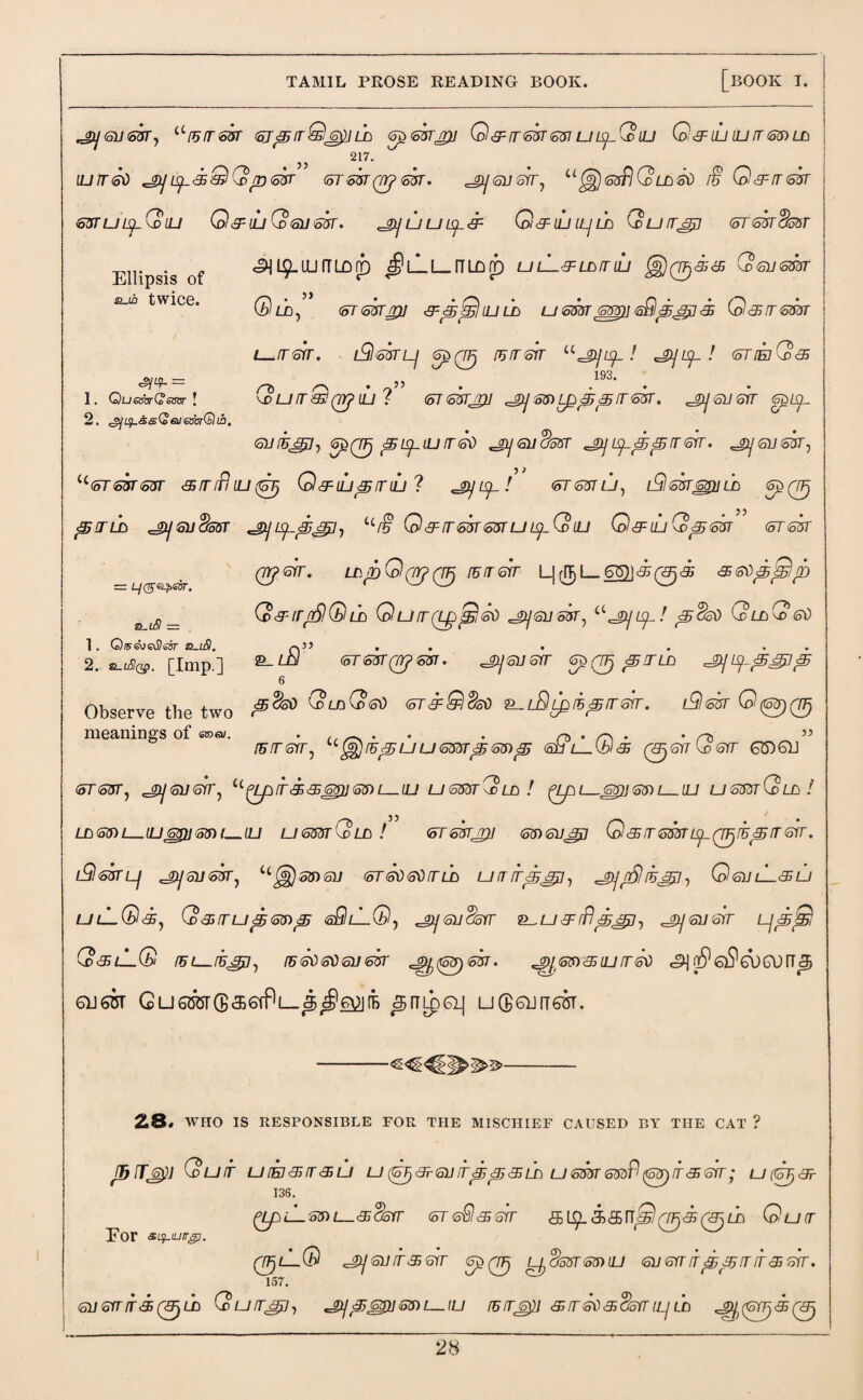 ^jsussr, ^ruirssr GjpBir Lb Sp<o3Tjry 217. Q & IT <S3T 697 U Z£_(c ILI G&IL iu u rr <ss) Lb 1. Qusifa-Qizm- ! 2. ^L^.asQeneacirQin, U iurrso ^pip&QGpsvr <oTsirqrjm. .jysi/srr, u ^jssPlQuuso i§ G&rrsm 65TLJUpG>UJ Q <5F l±J Q 617 SUT. ^gpUULpSF G^iUlpLb (dU/TJJ (oTGUTcksT Ellipsis of ^H19-LU(TLOrb c§l_lL_ 17L£>rf) ulL&ldrriLi @0<2>'<£ Qsnsmr a-io twice. <5T<5vrg)] &<§QtiJLD usm smusQpajj<3 Garrrsm t_/rsrr. lSIsutlj ^D0 rurrsirr u<=gifLrp! egyisp! (orrkGas 53 193' \D U r Q (TT? UJ ? (oTSUTjrjJ JT>j 6$) Lp p p [T 65T. ^ SV SIT Spisp snrnprnj ^35upUJrr so giic/ssr ^jtxjupas prrsrr• ,_gysi/sztr^ (oTsvrsvr <& rr (flu (Gjj Q&iiupBrnu ? ^ up! <ormu, iGlmsajiCb S£0 prrib 'jjpsuckzT jpjupasapi, ur§ G & rr sir ssr u ili Q&lu Qpsir <sTsir qrpsrr. ldrbQqpp0 rErrsrr l_|^l_OT2]®0<® assoppip Q&rrpfilGin Gurrpppjso ^jysiim, ^^up! pcfco GluGso 2. £_<%,. [Imp.] (oTshrQrpm. ^ysi/srr <spQp prrib ^jupp^ip 6 Observe the two GlbQsO (ST£fQi%sO l£I Lp ii p rr sir. iGsir 0(63)0 meanings of gogm, » ( • • • ^7) • /*“> • • (5!T(o[r, u^)f5^UU6m^mSJ (ob L^(bl& 0QTCi)Q7* 65)611 srssr, ^jysi/srr, i<^rr<&&sgi)ss)i—-tiJ usssrGLb ! (ppi—QT)]s$)L—iu usmCoLbl Lb S3) l_tusmi ss) /_ uj u sm QLb ! srsirpj smsuan Q&rrsmispQpihprrsrr. iGlsirip ^gysiisvT) u^)smsu srsOsOrrLb urrrrp&n, ^prftlrkarp QsiilL&u ulLG&j Q&rrupstbp sQlLQ, ^gxjsijSsrr ^u^rflp^j, ^gpsusrr LjpjS QxlLG rut-ruasi, rssososusir ppppsir. p^m&iurrso S\$gS606UU!& QJ6CT CUOTbrCBaGrPL-^^O^Jlb <5171^61] U(jQJrT6bT. r LjQ^e^esr. z.lSI — 1 . Q^&jeShsir s_u9. /-os £_ZjQ/ 6 28, WHO IS RESPONSIBLE FOR THE MISCHIEF CAUSED BY THE CAT ? J5Tjp)J Quit ljrssbrr<su ui^parsiirrppsBijb usrrsrsn>9(pprr<ssrr; upspar 136. 0j<_lsY»L_cP^Yr <oTs£lsssrr <EB^L5>(9BIT^0<S0ld Gurr Eor 0/_LG «jysiirr&srr s^0 LiSssrsmu (suerrrrpprrrrssb'. 157. ^ su srr it ar (3jib Qurr&j], ^^^usmL^iu rErrsp! & rr so ardonr ip Lb ^(srp&rpjj 2H