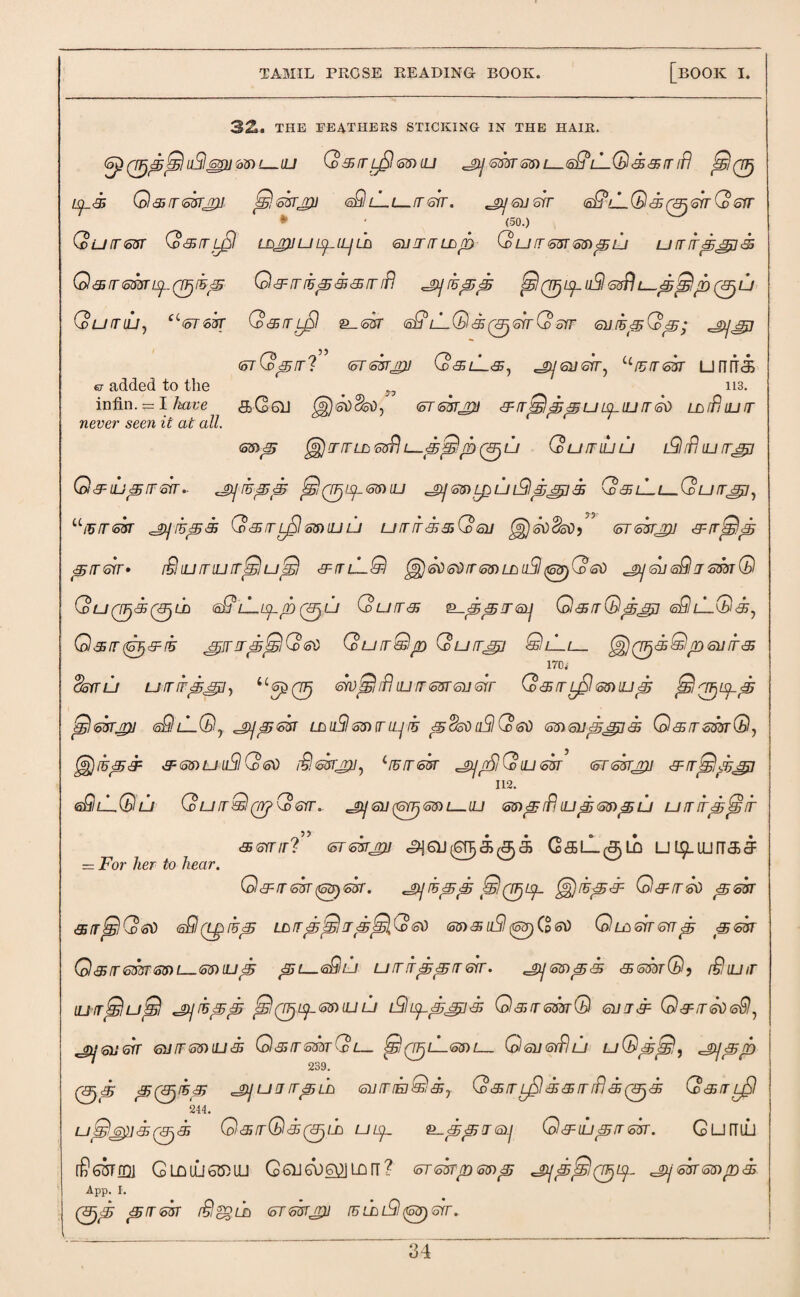 12,. THE FEATHERS STICKING IN THE HAIR. <op(j^p^liiSl^U60)i—LU QxirySlmiu ^6mr60)L-.6£?LL(b!333[fl isf_& 0 & tr <55Tj)] Sjjshrjri) <sQ lLl—it &T. .jyei/srr 6^lL.® 3 (3^63 Q 63 * ■ (50.) \cU360T Co 3 3 IjSl LIOjlpJU!Sj-ILJLB 611 HIT LLp G> U 363T 65) p LJ UIT3p3j]3 Q33605Tp.(7^3p Q33f5p333tfi ^(rFfipilSlEO^U-ppIp^U Quoiiu, u(oT6hr (o33L$ &_esr effLLQs^errQ-srr 63iupQp; ^)j£Q (orQszrr? (oTeotjh Co3lL.3, ^gij6J6rry u336or ufT[T<3S 113. a added to the infin. = I have <5bCBGU (5T60T£J 33plppuipiU36d LLlPnU3 never seen it at all. (O&bcj} 33LL6ofl L.(^/9 0U QuITIUU l9 ffl 1U 33$ Q&lu<5rrsir. ^jyis<£<5 ^j(j^ip65)iu gg>ipui9353$ 3 (d3lLl—(dU33$) ui536or ^ihps Q35rry§mlulj ut33535(o6ii <5T<ovrjru 3=3<35)35 p363» £hjJ3lUfTcQu^l 33L-Q {§)606$365)LA uS)<tS3)(d<SD JHJ <311 <aQ J 603 Q (o LJ QJj35 (0 ED 6$ L—ipp (3jU (dU33 £_pp361] QsjQpjg] <o£l lLQ 3, G)353(&Jj33 jrHTJTjSfBlQGO (oU33ip G> U33$ QlLl_ gg)(TTj&Q/D 61133 170 i do3U U33<£3$j 4c«JD(77j 6fVjS ffl LU 3 65T61! 6!T Q 3 3 L$ 69) LU<£ j£l 0^Lp S<65Tpj sQll-Qj ^gljpEOT LD llSl 63) 3 ILJ 15 p (fa) oSl Q 60 63)6Jp3$3 Ql33655T®y {§)3p3 3 65) U llSl Q 60 iShsBOJpi, l3363 ^r£i Q (LI 60 (oT65Tjr)] 33 Q3531 112. gQlLQu (d U3QQYj> (d 63.. JDj 611 (63) 65) l_ILJ 60)p fPi LU3563)pLJ UOirpjglT 35633? (6T6orj$ <£J6U(6flj<50<5 G&lL^LD L! ^UUIT&a1 = For her to hear. Q3360(65)60. ,^/5^ ^)IUp3 G3O6O p65T 33^i(d60 6Q(l£)33j LDOppI Op^Co 60 60)3 Il9 (63) Co SD GlU56363p <56*3 (ol353 63360) L_60)lUp pU-tiSlU U33pp363. ^60)p3 3650tG, S! LU 3 LU 3jSl LJ Sji ^)\3pp ^l(7^ip60)LUU lGipp^l3 Gl3360oQ 63 J 3 033606$, JU6363 63360) IU 35 Q35 3 6SST Q L_ Q QJjll-65) l— Q63 6fflu uQpJs!, pp ' 239. V 3ji 3j 3 35 cjjy LJ 3 335 LD 633LEI 35; <3 y Co 3 3 LjSl333tPi 3 3 Cc 3 3 LfSi 244. Ul^6$]3(3)3 Od5/r®«S50LD LJUjL &-^35J61j QhLU^TEOT. CUfTLU f^S^FfOl G LDlLibU)lLI G6D6Dg|2j LO IT ? 3T6STp60)35 ^60T6O>p3 App. I. 0^ 3j3 60T r§2gtj) (0T6OTJJJ 3LJD l9 (S3) 63.