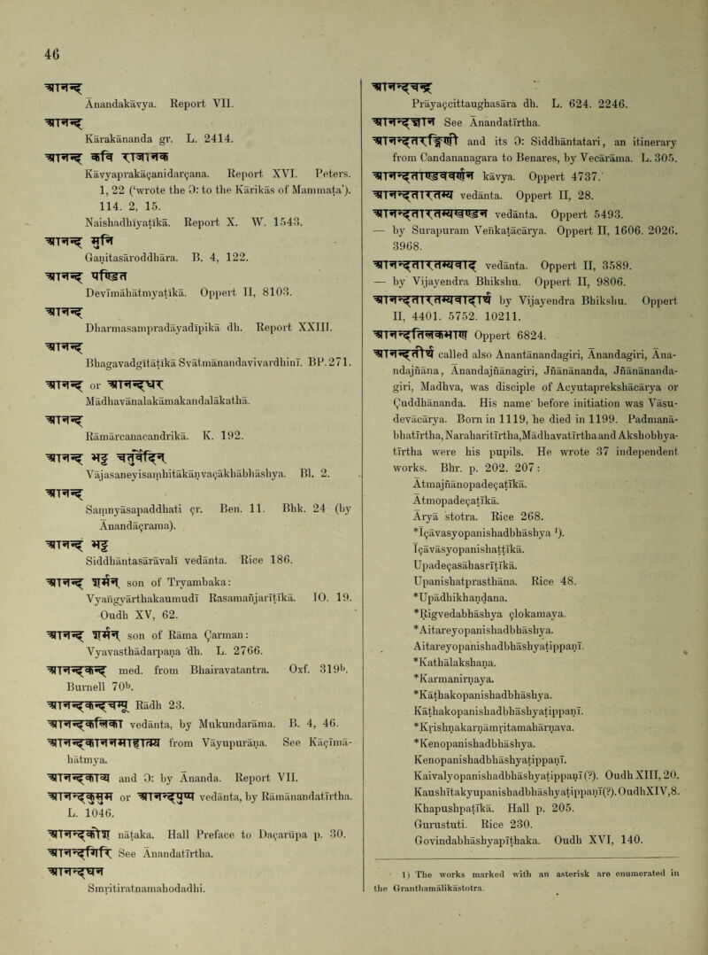 Anandakavya. Report VII. Karakananda gr. L. 2414. KavyaprakaijanidarQana. Report XVI. Peters. 1, 22 (‘wrote the 0: to the Kai’ikas of Manimtita’). 114. 2, 15. Naishadhiyatlka. Report X. W. 1543. Ganitasaroddhara. B. 4, 122. DevTmahatniyatlka. Oppert 11, 8103. Dharmasaiiipradayadipika dh. Report XXIII. Bhacfavadarltatika SvatmanandavivardhinT. BP. 271. or M adhavanalakauiakandal akatha. Ramarcanacandrika. K. 192. »Tf Vajasaneyisanihitakaiiva9akhabhashya. Bl. 2. Samnyasapaddhati 91-. Ben. 11. Bhk. 24 (hy Ananda9rama). Siddhantasaravali vedilnta. Rice 186. son of Tryambaka: Vyaligyarthakaumudl RasainahjarltTka. 10. 19. Oudh XV, 62. _ __^ son of Rama (Jarman: Vyavasthadarpana dh. L. 2766. med. from Bhairavatantra. Oxf. 319t>. Burnell 701^. Radh 23. ■‘5RR»^etif^^T vedanta, by Mukundarama. B. 4, 46. ^R^R^^nfTTW from Vayupurana. See Ka9ima- batmya. and 0: by Ananda. Report VII. or vedanta, by RamanandatTrtha. L. 1046. nataka. Hall Preface to Da9arupa p. 30. See Anandatlrtba. S m r i ti r atn am ab 0 d ad h i. Praya9cittaugbasara dh. L. 624. 2246. See Anandatlrtba. and its 0: Siddhantatari, an itineraiy from Candananagara to Benares, by Vecarama. L. 305. vedanta. Oppert 4737. Oppert II, 28. vedanta. — by Surapuram Venkatacarya. Oppert 5493. Oppert II, 1606. 2026. 3968. vedanta. Oppert II, 3589. — by Vijayendra Bhiksbu. Oppert II, 9806. by Vijayendra Bhiksbu. Oppert II, 4401. 5752. 10211. Oppert 6824. called also Anantanandagiri, Anandagiri, Ana- ndajnana, Anandajnanagiri, Jnanananda, Jnanananda- giri, Madhva, was disciple of Acyutapreksbacarya or Quddhananda. His name’ before initiation was Vasu- devacarya. Bora in 1119, be died in 1199. Padmana- bhatTrtba,NarabaritTrtha,MadhavatTrtbaand Akshobbya- tli'tha w'ere his pupils. He wrote 37 independent works. Bbr. p. 202. 207: Atmajnanopade9atTka. Atmopade9atTka. Aiya stotra. Rice 268. *T9avasyopanisbadbbasbya '). l9avasyopanishattTka. Upade9asahasrTtTka. Upanishatpi’astbana. Rice 48. *Upadhikbandana. *Rigvedabhasbya 9lokamaya. *Aitareyopanisbadbbasbya. AitareyopanisbadbhashyatippanT. *Katbalakshana. *Karmanimaya. *Kathakopanishadbhasbya. KathakopanisbadbbasbyatippanT. *Krisbnakarnamritamaharnava. *Kenopanishadbhashya. KenopanishadbbasbyatippanT. KaivalyopanishadbhasbyatippanT(?). Oudb XIII, 20. KausbTtakyupanishadbbasbyatippanT(?).OudbXIV,8. KhapushpatTka. Hall p. 205. Gurustuti. Rice 230. GovindabbasbyapTthaka. Oudh XVI, 140. 1) The works marked with an asterisk are enumerated in the Grantiiam.alikastotra,