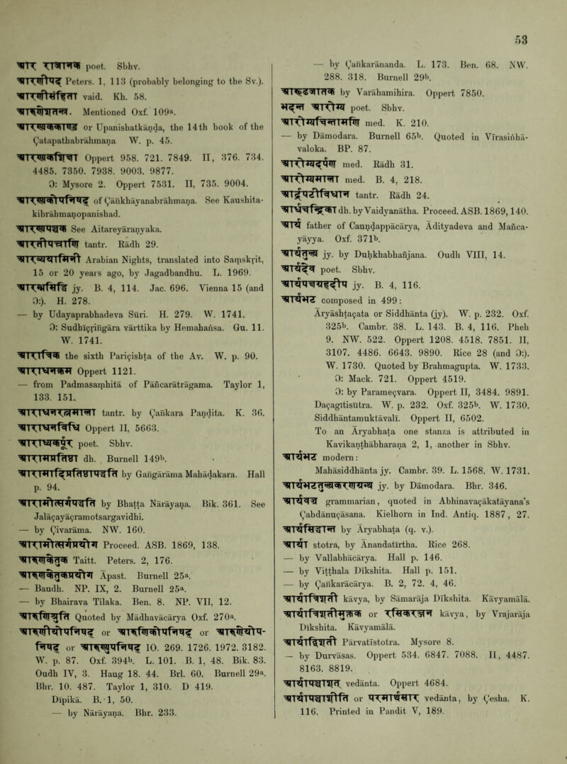 poet. Sl)hv. Peters. 1, 113 (probably belonging to the Sv.). vaid. Kh. 58. Mentioned Oxf. 109ft. or Upanisbatkanda, the 14 th book of the (^'atapathabrahinana W. p. 45. I Oppert 958. 721. 7849. 11, 376. 734. 4485. 7350. 7938. 9003. 9877. 0: Mysore 2. Oppert 7531. II. 735. 9004. V \ of yankhayanabrahmana. See Kaushita- kibrabmanopanisbad. See Aitareyaranyaka. tantr. Radh 29. Arabian Nights, translated into Samskrit. 15 or 20 years ago, by Jagadbandhu. L. 1969. ^1 jy. B. 4, 114. Jac. 696. Vienna 15 (and 0:). H. 278. — by Udayaprabhadeva Suri. H. 279. W. 1741. 0: Sudhi^ringara varttika by Hemahahsa. Gu. 11. W. 1741. the sixth Pari9ishta of the Av. W. p. 90. Oppert 1121. — from Padmasarnhita of Pancaratragama. Taylor 1, 133. 151. tantr. by (,?ankai'a Pandita. K. 36. Oppert II, 5663. poet. Sbhv. dh. Bui'nell 149'*. by Gafigarama Mahadakara. Hall p. 94. by Bhatta Narayana. Bik. 361. See Jala9aya9ramotsargavidhi. — by Qivarama. NW. 160. Proceed. ASB. 1869, 138. Taitt. Peters. 2, 176. Apast. Bmnell 25ft. — Baudh. NP. IX, 2. Burnell 25ft. — by Bhairava Tilaka. Ben. 8. NP. VII, 12. Quoted by Madhavacarya Oxf. 270*. or or or 10. 269. 1726. 1972. 3182. W. p. 87. Oxf 394b L. 101. B. 1, 48. Bik. 83. Oudh IV, 3. Haug 18. 44. Brl. 60. Burnell 29ft. Bhr. 10. 487. Taylor 1, 310. D 419. Dipika. B. 1, 50. — by Narayana. Bhr. 233. — by Qankarananda. L. 173. Ben. 68. NW. 288. 318. Burnell 29b. ■^rr^^TfT^ by Varahamihira. Oppeii 7850. poet. Sbhv. 1*1 fiy med. K. 210. — by Damodara. Buniell 65b. Quoted in Vlrasiiiba- valoka. BP. 87. med. Radh 31. ^1med. B. 4, 218. tantr. Radh 24. dh. by Vaidyanatha. Proceed. ASB. 1869,140. father of Caundappacarya, Adityadeva and Mafica- yayya. Oxf. 371b. jy. by Duhkhabhafijana. Oudh VIII, 14. poet. Sbhv. jy. B. 4, 116. composed in 499: Aryashta^ata or Siddhanta (jy). W. p. 232. Oxf. 325b. Cambr. 38. L. 143. B. 4, 116. Pheh 9. NW. 522. Oppert 1208. 4518. 7851. II, 3107. 4486. 6643. 9890. Rice 28 (and 0:). W. 1730. Quoted by Brahmagupta. W. 1733. 0: Mack. 721. Oppert 4519. 0: by Parame9vara. Oppert II, 3484. 9891. Da9agitisutra. W. p. 232. Oxf. 325b. W. 1730. Siddhantamuktavall. Oppert II, 6502. To an Aryabhata one stanza is attributed in Kavikanthabharana 2, 1, another in Sbhv. modern: Mahasiddhanta jy. Cambr. 39. L. 1568. W. 1731. jy. by Damodara. Bbr. 346. grammarian, quoted in Abhinava9akatayana’s Qabdanu9asana. Kielhorn in Ind. Antiq. 1887, 27. by Aryabhata (q. v.). stotra, by Anandatirtha. Rice 268. — by Vallabhacarya. Hall p. 146. — by Vitthala DTkshita. Hall p. 151. — by Qankaracarya. B. 2, 72. 4, 46. kavya, by Samaraja Dikshita. Kavyamala. or kavya, by Vrajaraja Dikshita. Kavyamala. Pai’vatTstotra. Mysore 8. — by Dui'vasas. Oppert 534. 6847. 7088. 11, 4487. 8163. 8819. vedanta. Oppert 4684. or vedanta, by Qesha. K. 116. Printed in Pandit V, 189.