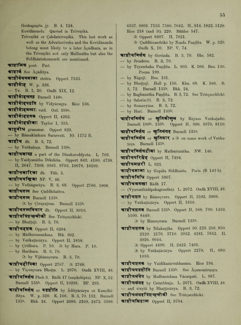 Gmhagaijitii jy. B. 4, 124. Kovidananda. Quoted in Trivenika. Trivenika or Qabdatrivenika. This last work as well as the Advaitaviveka and the Kovidananda belong most likely to a later A(;adhara, as in the Trivenika not only Mallinatha but also the Siddhantakaumudi are mentioned. poet. Pint. •?rnrT^ See Aijaditya. stotra. Oppert 7533. W. p. 336. — Yv. B. 1, 20. Oudh XIX, 12. Buniell 148a. by Vidyaranya. Rice 136. vaid. Oxf. 3y8a. Oppert II, 4262. Taylor 1, 355. grammar. Oppert 829. — by Ramakiinkara Sarasvati. 10. 1172 B. ^!rn^ dh. B. 3, 72. — by Venkatepa. Burnell 139a. I ufl ■'I I UsS a part of the Dinakaroddyota. L. 703. — by Vaidyanatha Dikshita. Oppert 849. 4180. 4738. II, 2647. 7308. 9561. 9703. 10078. 10109. dh. Tiib. 5. — by Vedangaraya. B. 3, 68. Oppert 2766. 5906. See Quddhitattva. Burnell 135b. 0: by Qivayajvan. Burnell 135b. IT dh. Oppert II, 8010. See Trih^acchlokT. — by Bhattoji. B. 3, 70. Oppert II, 6204. — by Madhavanandana. Bik. 362. — by Venkatacarya. Oppert II, 1858. — by Qrldhara. P. 10. 0: by Kara. P. 10. — by Harihara. B. 3, 70. 0: by Vijnane^vara. B. 3, 70. Oppert 2767. 0: 2768. — by Viijveijvara Bhatta. L. 2070. Oudh XVIII, 48. Pheh 3. Radh 17 (samkshipta). NP. X, 12. Burnell 135b. Oppert II, 10295. BP. 295. or by Adityacarya or Kau9ika- ditya. W. p. 320. K. 166. B. 3, 70. 132. Burnell 135b. Bhk. 24. Oppert 2086. 2169. 2472. 3586. 6537. 6801. 7153. 7580. 7642. II, 914. 1822. 5128. Rice 218 (and 0:). 220. Buhler 547. 0: Oppert 8307. II, 7821. 0: Quddhicandrika by Nanda Pandita. W. p. 320. Oudh X, 10. NP. V, 74. by Govinda. B. 3, 70. Bhr. 582. — by Jivadeva. B. 3, 70. — by Tryambaka Pandita. L. 905. K. 166. Ben. 130. Poona 199. — by Nagoji. Ben. 131. — by Bhattoji. Hall p. 156. Khn. 68. K. 166. B. 3, 72. Burnell 135b. Bhk. 24. — by Raghunatha Pandita. B. 3, 72. See Trih^acchlokT. — by Salarin(?). B. 3, 72. — by Somavyasa. B. 3, 72. — by Hari. Burnell 135b. or by Rayasa Venkatadri. Burnell 109b. 135b. Oppert II, 306. 3970. 8110. or Burnell 135b. or a 0: on some work of Venka- te^a. Burnell 135b. (dtsSildldiT by Mathuriinatha. NW. 146. Oppert IT, 7494. L. 921. by Gopala Siddhilnta. Paris (B 143 b). Oppert 5907. Radh 17. — (Vyavasthadipakagranthe). L. 2072. Oudh XVIII, 48. ^ I ^*1 d by Rame^vara. Oppert II, 3592. 3969. — by Venkatacarya. Oppert II, 1859. Burnell 135b. Oppert II, 568. 799. 1433. 5100. 8449. 0: by Raine9vara. Burnell 135b. by Nilakantha. Oppert 30. 223. 258. 850. 2129. 2170. 3710. 3952. 4181. 7852. II, 3026. 6644. 0: Oppert 4499. II, 2422. 7495. 0: by Venkatacarya. Oppert 2279. II, 680. 1033. ■dlld’^ by Vaidikasarvabhauma. Rice 194. ^Tuft'dBurnell 135b. See A9aucanirnaya. by Madhusudana Vacaspati. L. 987. by Caturbhuja. L. 2071. Oudh XVIIl, 48. — and vivriti by Bhattacarya. B. 3, 72. See Trih9acchloki. ^■nfNt^^TnT Oppert II, 9704.