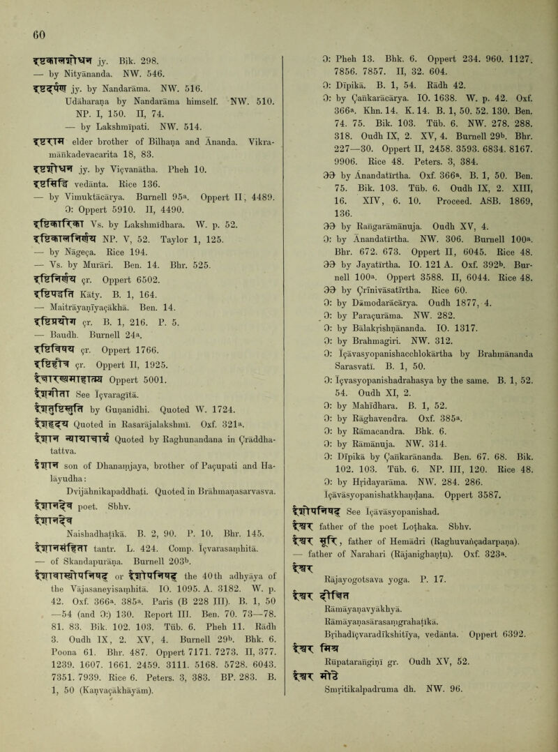 jy. Bik. 298. — by Nityananda. NW. 546. jy. by Nandarama. NW. 516. Udahai'ana by Nandarama himself. NW. 510. NP. I, 150. II, 74. — by Lakshmipati. NW. 514. elder brother of Bilhana and Ananda. Vikra- mankadevacarita 18, 83. jy. by Vi9vanatha. Pheh 10. vedanta. Rice 136. — by Vimuktacarya. Burnell 95a. Oppert II, 4489. 0: Oppert 5910. II, 4490. Vs. by Lakshmidhara. W. p. 52. NP. V, 52. Taylor 1, 125. — by Nage^a. Rice 194. — Vs. by Murari. Ben. 14. Bhr. 525. (jr. Oppert 6502. Katy. B. 1, 164. — MaitrayanlyaQakha. Ben. 14. 9r. B. 1, 216. P. 5. — Baudh. Burnell 24a. 91'. Oppert 1766. 91'. Oppert II, 1925. Oppert 5001. See l9varagita. by Gunanidhi. Quoted W. 1724. Quoted in Rasarajalakshmi. Oxf. 321a. Quoted by Raghunandana in Qraddha- tattva. son of Dhanamjaya, brother of Pa9upati and Ha- layudha: Dvijahnikapaddhati. Quoted in Brahmanasarvasva. poet. Sbhv. Naishadhatika. B. 2, 90. P. 10. Bhr. 145. tantr. L. 424. Comp. I9varasamhita. — of Skandapurana. Burnell 203^^. or the 40 th adhyaya of the Vajasaneyisainhita. 10. 1095. A. 3182. W. p. 42. Oxf. 366a. 385a. Paris (B 228 III). B. 1, 50 —54 (and 0:) 130. Report III. Ben. 70. 73—78. 81. 83. Bik. 102. 103. Tiib. 6. Pheh 11. Radii 3. Oudh IX, 2. XV, 4. Burnell 29^. Bhk. 6. Poona 61. Bhr. 487. Oppert 7171. 7273. II, 377. 1239. 1607. 1661. 2459. 3111. 5168. 5728. 6043. 7351. 7939. Rice 6. Peters. 3, 383. BP. 283. B. 1, 50 (Kanva9akhayam). 0: Pheh 13. Bhk. 6. Oppert 234. 960. 1127. 7856. 7857. II, 32. 604. 0: DTpika. B. 1, 54. Radh 42. 0; by Qaiikaracarya. 10. 1638. W. p. 42. Oxf. 366a. Khn. 14. K. 14. B. 1, 50. 52. 130. Ben. 74. 75. Bik. 103. Tiib. 6. NW. 278. 288. 318. Oudh IX, 2. XV, 4. Burnell 29b. Bhr. 227—30. Oppert II, 2458. 3593. 6834. 8167. 9906. Rice 48. Peters. 3, 384. GO by Anandatirtha. Oxf. 366a. B. 1, 50. Ben. 75. Bik. 103. Tiib. 6. Oudh IX, 2. XIII, 16. XIV, 6. 10. Proceed. ASB. 1869, 136. 30- by Raiigaramanuja. Oudh XV, 4. 0: by Anandatirtha. NW. 306. Burnell 100a. Bhr. 672. 673. Oppert II, 6045. Rice 48. 30 by Jayatirtha. 10. 121 A. Oxf. 392b. Bur¬ nell 100a. Oppert 3588. II, 6044. Rice 48. 30 by QrlnivasatTrtha. Rice 60. 3: by Damodaracarya. Oudh 1877, 4. _ 3: by Para9urama. NW. 282. 3: by Balakrishnananda. 10. 1317. 0: by Brahmagiri. NW. 312. 3: l9avasyopanishacchlokartha by Brahmananda Sarasvati. B. 1, 50. 0: l9vasyopanishadrahasya by the same. B. 1, 52. 54. Oudh XI, 2. 3: by Mahldhara. B. 1, 52. 3: by Raghavendra. Oxf. 385a. 3: by Ramacandra. Bhk. 6. 0: by Ramanuja. NW. 314. 3: DTpika by Qaiikarananda. Ben. 67. 68. Bik. 102. 103. Tiib. 6. NP. Ill, 120. Rice 48. 0: by Hridayarama. NW. 284. 286. l9avasyopanishatkhandana. Oppert 3587. See l9avasyopanishad. father of the poet Lothaka. Sbhv. father of Hemadri (Raghuvah9adarpana). — father of Narahari (Rajanighantu). Oxf. 323a. kjsx Rajayogotsava yoga. P. 17. Ramayanavyakhya. Ramayanasarasaipgrahatika. Brihadi9varadTkshitTya, vedanta. Oppert 6392. Rupatarangini gr. Oudh XV, 52. Smritikalpadruma dh. NW. 96.