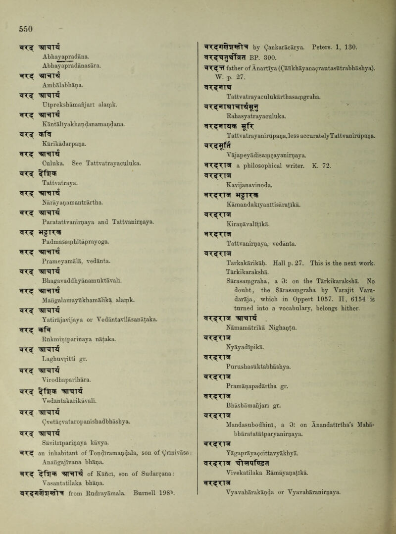 Abhaj-apradana. Abhayapradanasara. l4 Ambalabbana. Utpreksbamanjari alamk. Kantally akb an dan am and ana. Karikadarpana. Culuka. See Tattvatrayaculuka. Tattvatraya. Nar ay an a m antr ar t ha. Paratattvanirnaya and Tattvanirnaya. Padmasainbitaprayoga. Prameyamala, vedanta. Bbagavaddhyanamuktavali. Mangalamayukbamalika alamk. Yatirajavijaya or Vedantavilasanataka. Rukmiuiparinaya nataka. Laghuvritti gr. Virodhaparibara. V e dan takarikavali. Qveta^vataropanisbadbhasbya. Savitilparinaya kavya. an inhabitant of Tondiramandala, son of Qrinivasa; Anangajivana bbana. 1^ of Kanci, son of Sudar^ana: Vasantatilaka bbana. from Rudrayamala. Burnell by Qankaracarya. Peters. 1, 130. BP. 300. father of Anartiya (Qankhayana9rautasutrabbashya). W. p. 27. Tattvatrayaculukarthasamgraba. Rahasyatrayaculuka. Tattvatrayanirupana, less accuratelyTattvanirupana. j Vajapeyadisam9ayanirnaya. I a philosophical writer. K. 72. I j Kavijanavinoda. Kamandaklyanitisaratika. Kiranavalltlka. Tattvanirnaya, vedanta. Tarkakarikah. Hall p. 27. This is the next work. Tarkikaraksha. Sai’asamgraha, a 0: on the Tarkikaraksha. No doubt, the Sarasarngraha by Varajit Vara- daraja, which in Oppert 1057. II, 6154 is turned into a vocabulaiy, belongs hither. Namamatrika Nighantu. Nyayadipika. Purushasuktabhashya. Pramanapadartba gr. Bhashamanjarl gr. MandasubodhinI, a 0: on Anandatirtha’s Maha- bh aratatatpary animaya. Yagapraya^cittavyakhya. Vivekatilaka Ramayanatika. Vyavaharakanda or Vyavaharanirnaya.