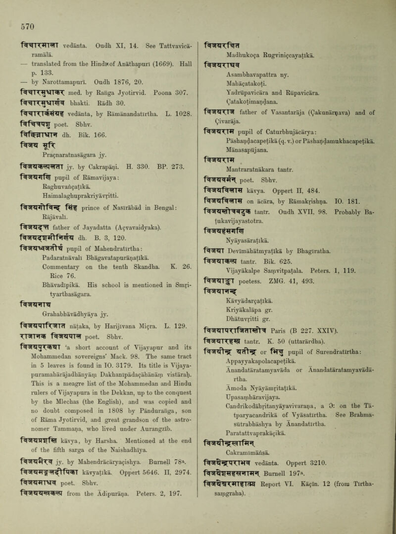 vedanta. Oudh XI, 14. See Tattva\dca- j ramala. ! — translated from the HindKof Anathapurl (1669). Hall | p. 133. — by Xai'ottamapurl. Oudh 1876, 20. med. by Rauga Jyotirvid. Poona 307. fW^TT^VTX^ bhakti. Radh 30. vedanta, by Ramanandatirtha. L. 1028. poet. Sbhv. dh. Bik. 166. Pragnaratnasagara jy. jy. by Caki'apani. H. 330. BP. 273. pupil of Ramavijaya: RaghuTau9atika. ; Haimalaghupraki-iyaviitti. j fq^q<0f*tpi’ince of Nasirabad in Bengal: Rajavall. i father of Jayadatta (A^vavaidyaka). dh. B. 3, 120. : pupil of Mahendratlrtha: Padaratnavall Bhagavatapuranatlka. Commentary on the tenth Skandha. K. 26. Rice 76. Bhavadipika. His school is mentioned in Smri- tyarthasagara. ! Grahabhavadhyaya jy. | nataka, by Harijivana ^li^ra. L. 129. poet. Sbhv. ‘a short account of Vijayapur and its Mohammedan sovereigns’ Mack. 98. The same tract in 5 leaves is found in 10. 3179. Its title is Vijaya- puramaharajadhanyam Dakhanipadagahanara vistarah. This is a meagre list of the Mohammedan and Hindu iTilers of Vijayapura in the Dekkan, up to the conquest by the Mlechas (the English), and was copied and no doubt composed in 1808 by Pandurauga, son of Rama Jyotiiwid, and gi'eat grandson of tbe astro¬ nomer Tammana, who lived under Aurangzib. fw^^nnrf% kavya, by Harsha. Mentioned at the end of the fifth sarga of the Naishadhiya. jy. by Mahendracaiya^ishya. Burnell 78^. kavyatika. Oppert 5646. II, 2974. poet. Sbhv. from the Adipurana. Peters. 2, 197. Madhuko^a Rugvini^cayatlka. Asambhavapattra ny. Mahacatakoti. Yadrupavicaia and Rupavicai'a. (^atakotimandana. father of Vasantaraja (Qakunai'nava) and of Qivaraja. pupil of Caturbhujacarya: Pashandacapetika (q. v.) or Pashandamukhacapetika. Mauasapujana. Mautraratnakara tantr. poet. Sbhv. kavya. Oppert II, 484. on acara, by Ramakrishna. tantr. Oudh XVII, 98. t ukavij ayasto tra. 10. 181. Probably Ba- Nyayasaratika. Devlmahatmyatika by Bhagiratha. tantr. Bik. 625. Vijayakalpe Samvitpatala. Peters. 1, 119. poetess. ZMG. 41, 493. Ka vy ad ar^ ataka. Kriyakalapa gr. Dhatuvi'itti gr. Paris (B 227. XXIV). tantr. K. 50 (uttarardha). or pupil of Surendratirtha: Appayyakapolacapetika. Anandataratamyavada or Anandataratamyavada- rtha. Amoda Nyayamritatika. Upasamh aravij aya. Candrikodahritanj’ayavivarana, a 0: on the Ta- tparyacandrika of Vyasatirtha. See Brahma- sutrabhashya by Anandatirtha. Paratattvapraka^ika. Cakramimansa. vedanta. Oppert 3210. f^r^^*rrfTri31 Report VI. Ka9ln. 12 (from Tlrtha- samgraha).